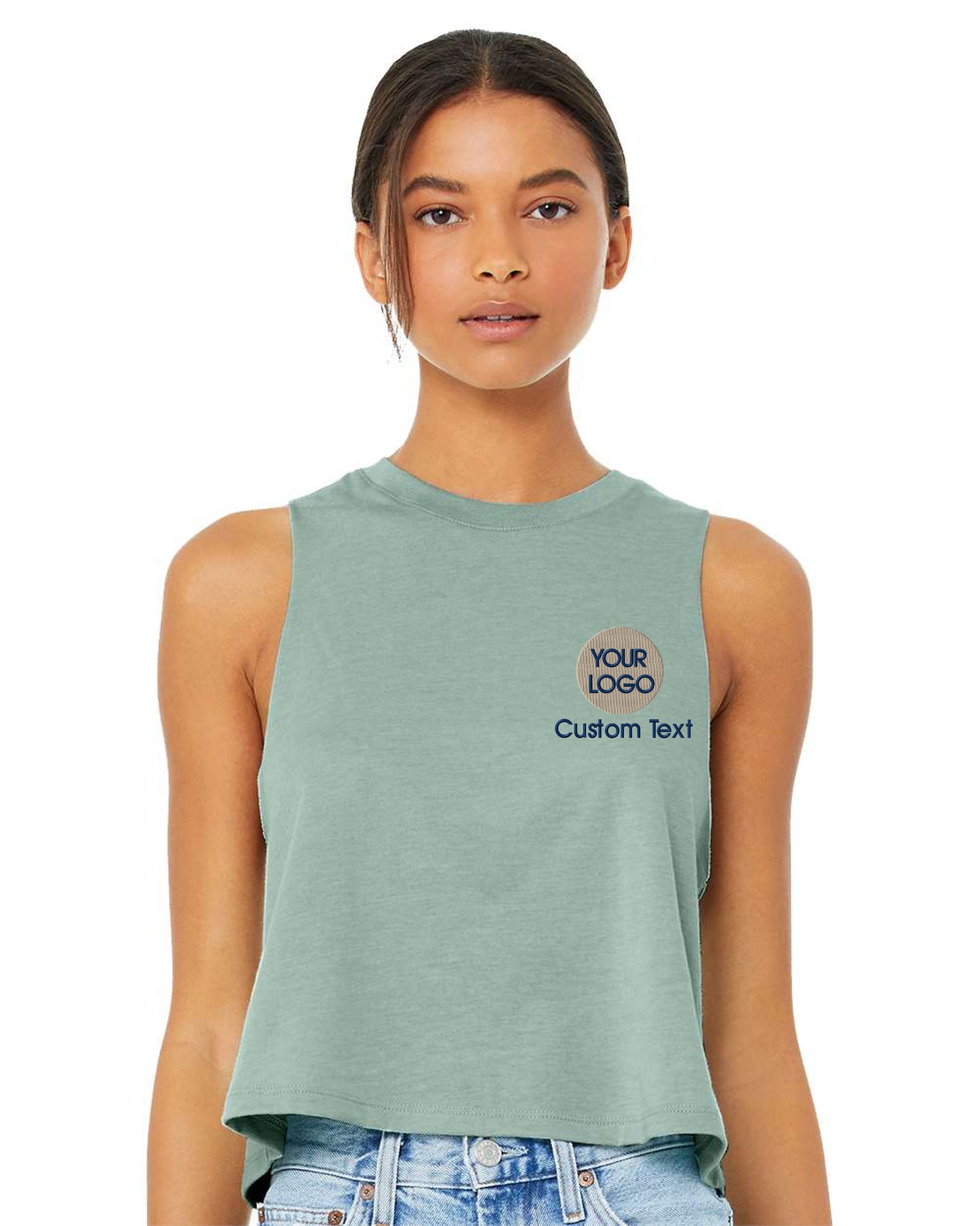 a woman wearing a cropped tank top with the words your logo on it