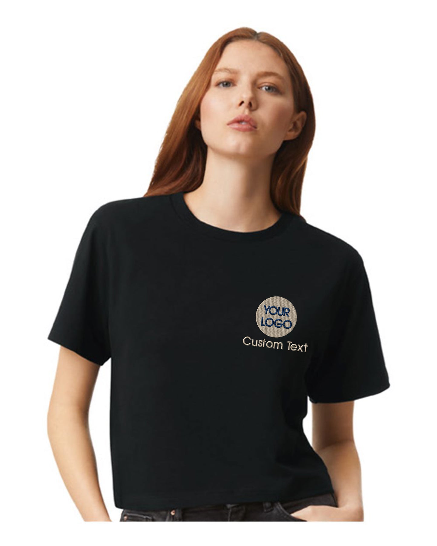 a woman wearing a black t - shirt with a logo on it