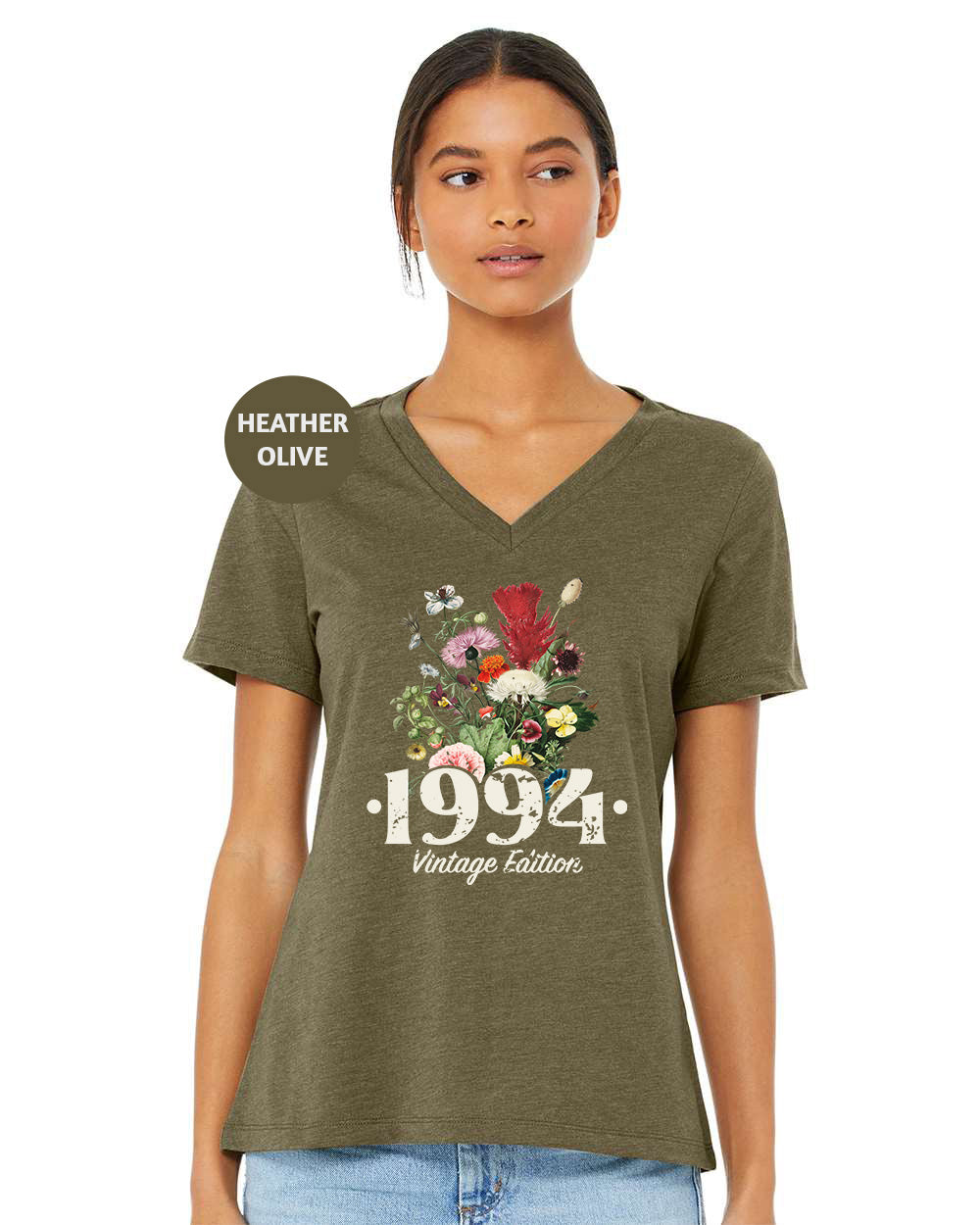 a women's v - neck shirt with a picture of flowers on it
