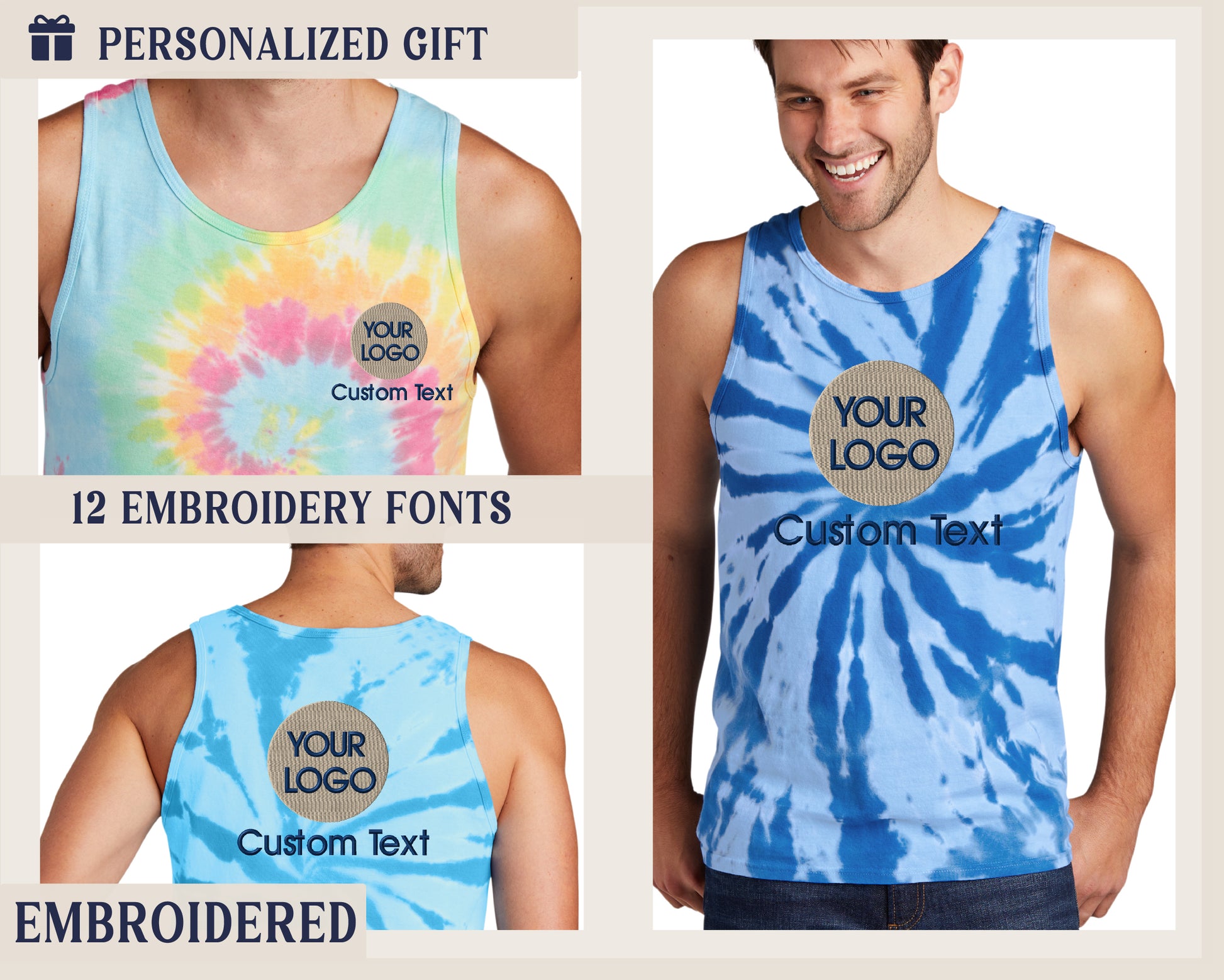 a man wearing a tie - dyed tank top with custom text