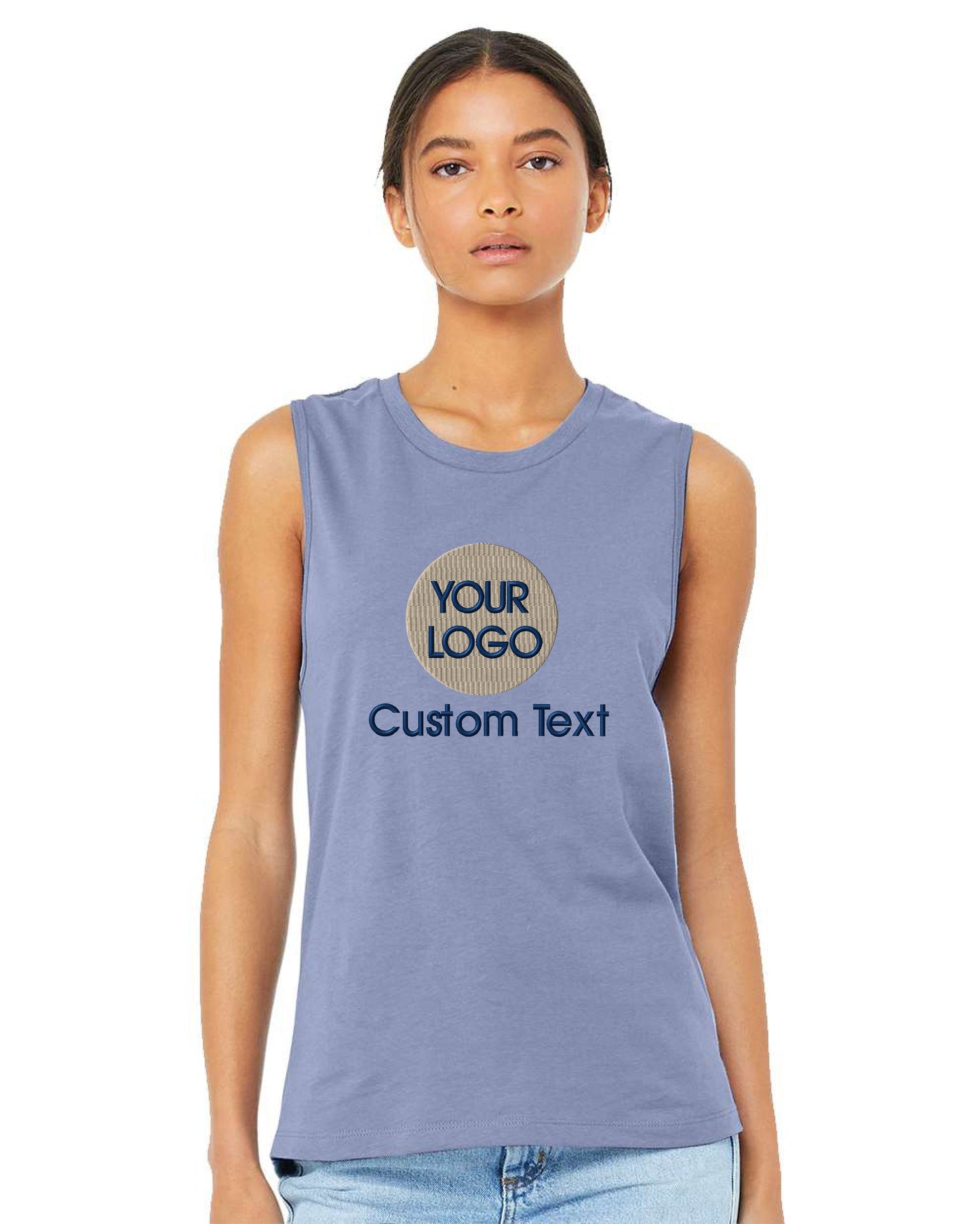a woman wearing a blue tank top with the words your logo on it