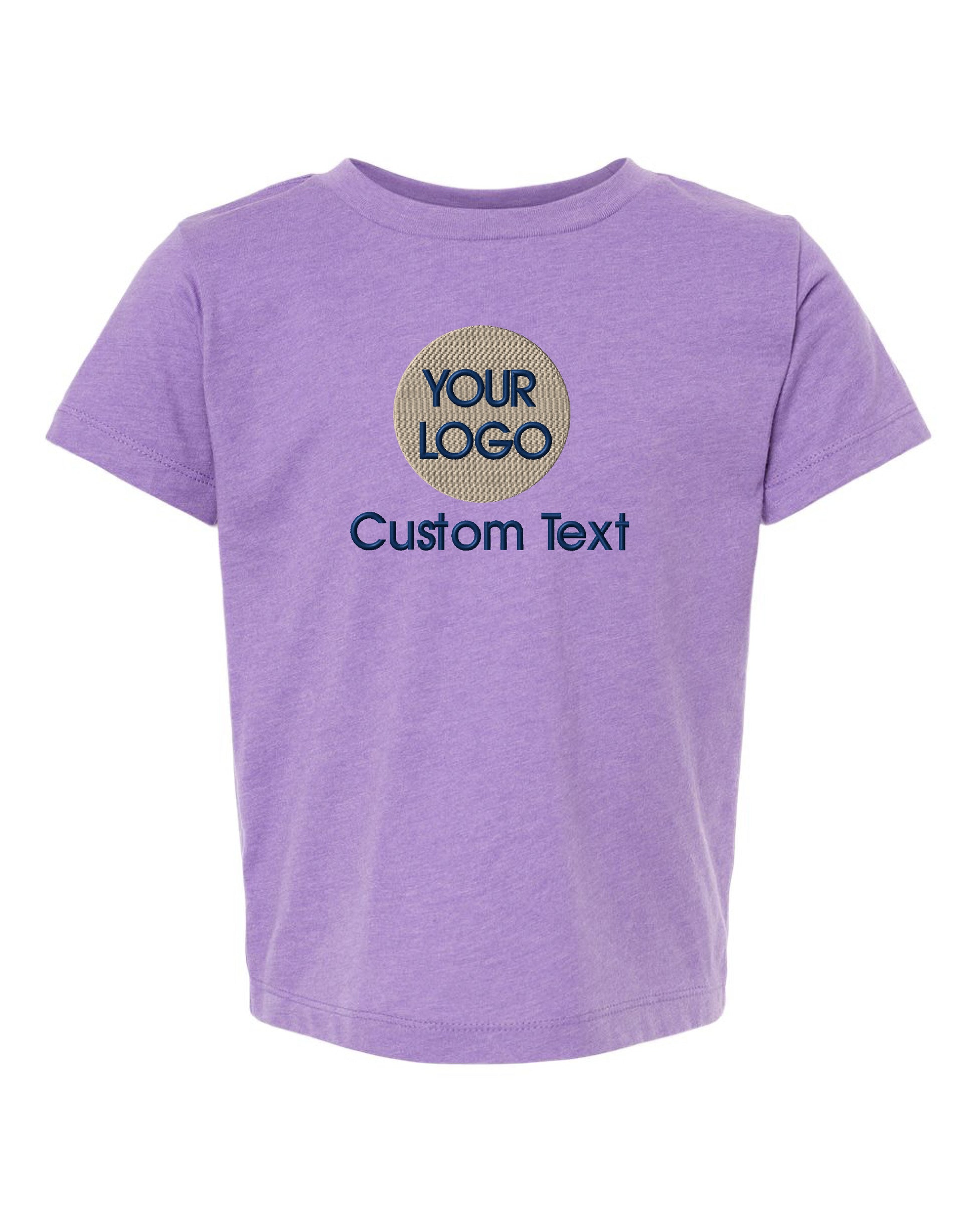 a child's purple t - shirt with the words your logo on it