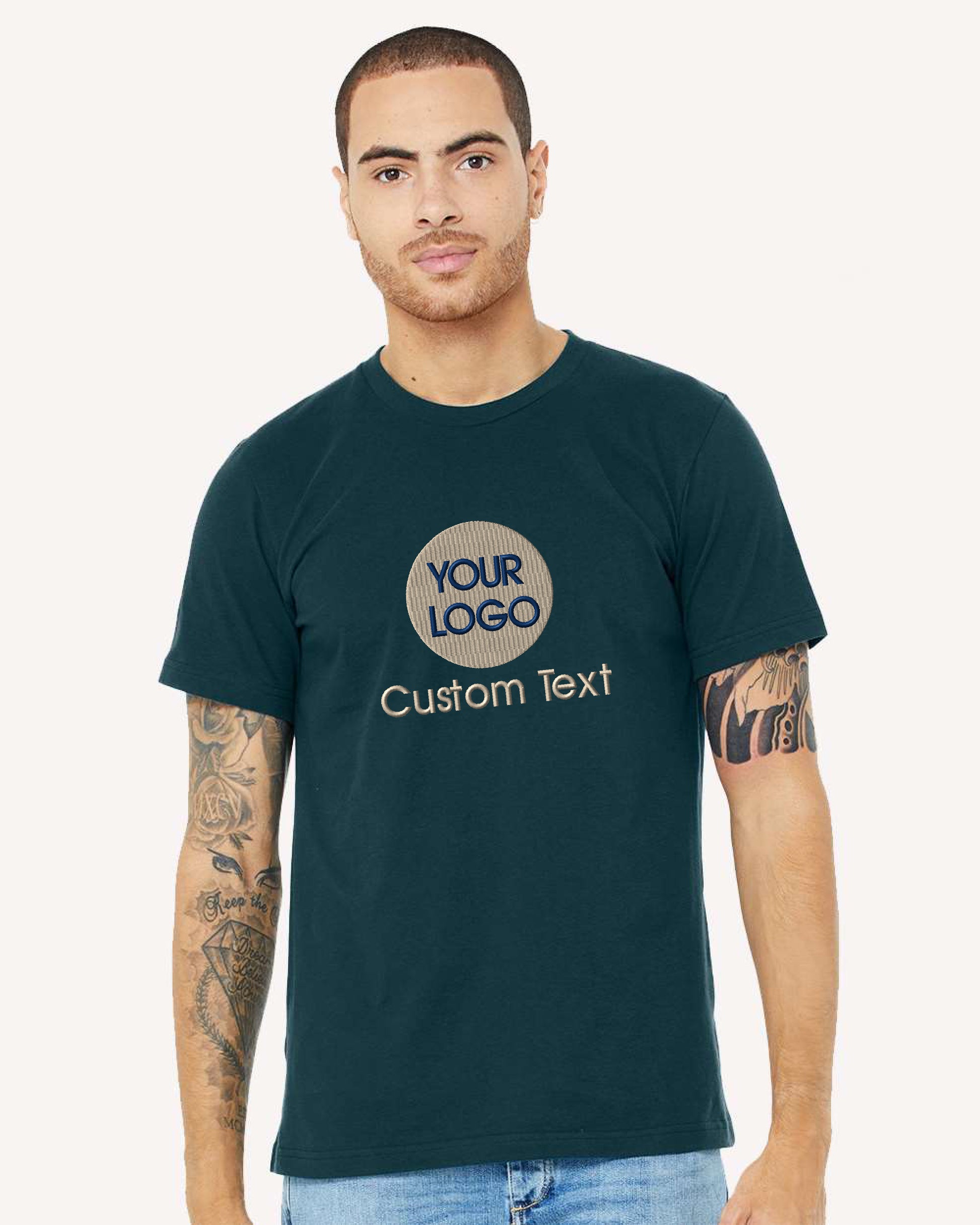 a man wearing a t - shirt that says your logo on it
