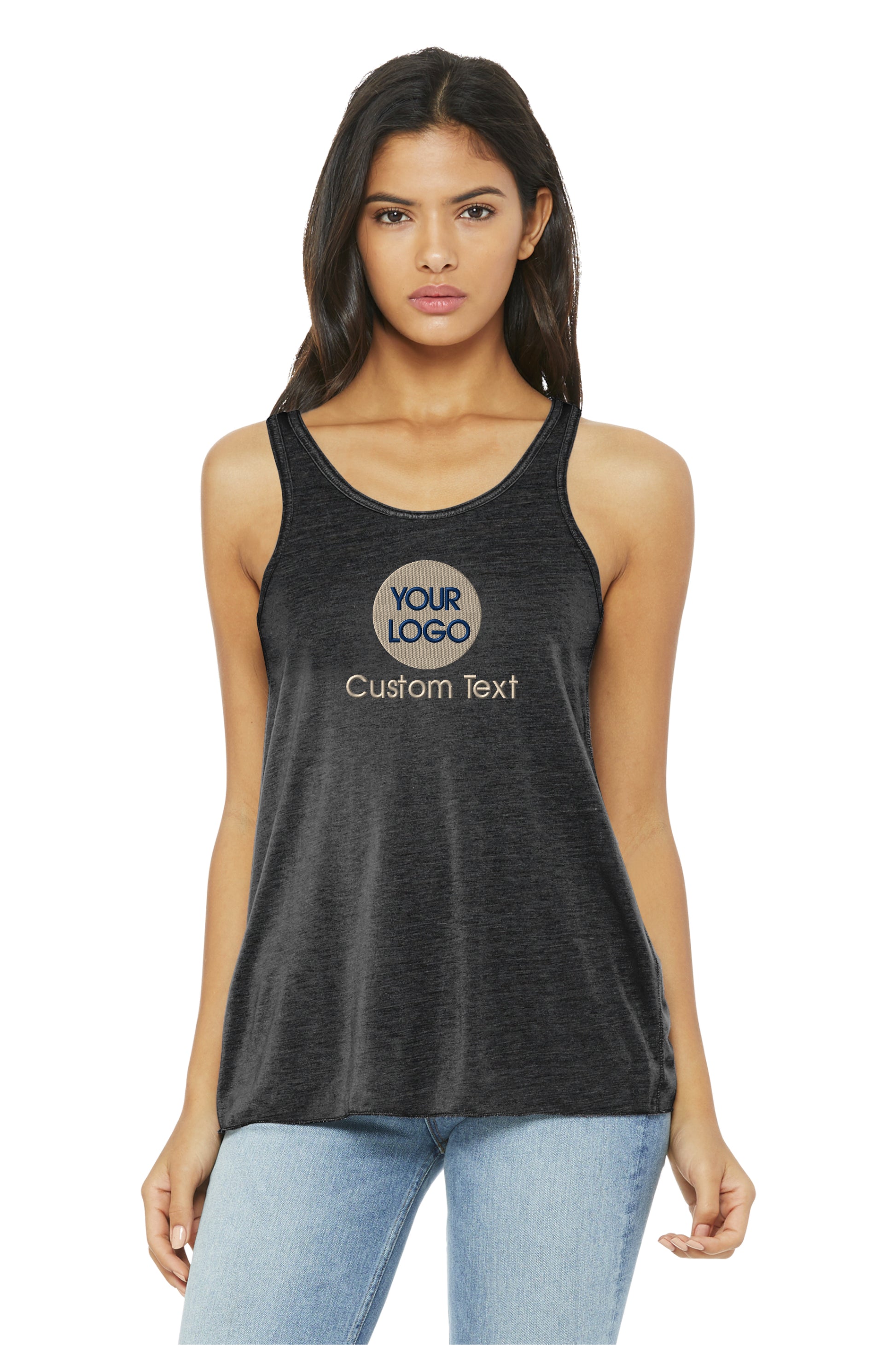a woman wearing a black tank top with the words your logo on it