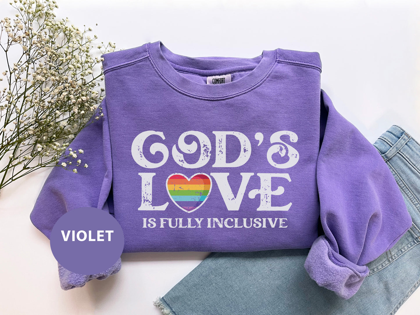 a purple shirt that says god's love is fully inclusive