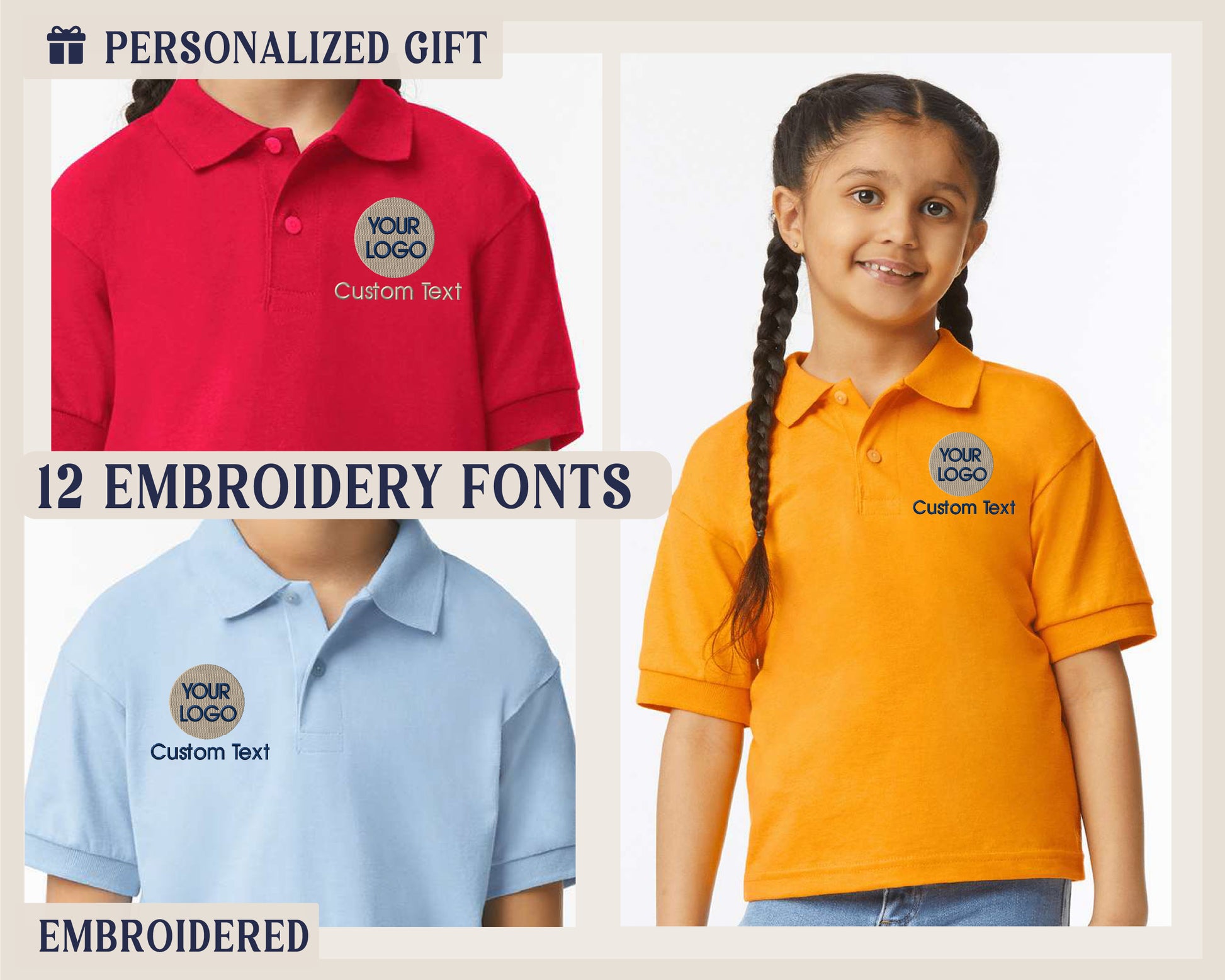 three children's polo shirts with the name of each child