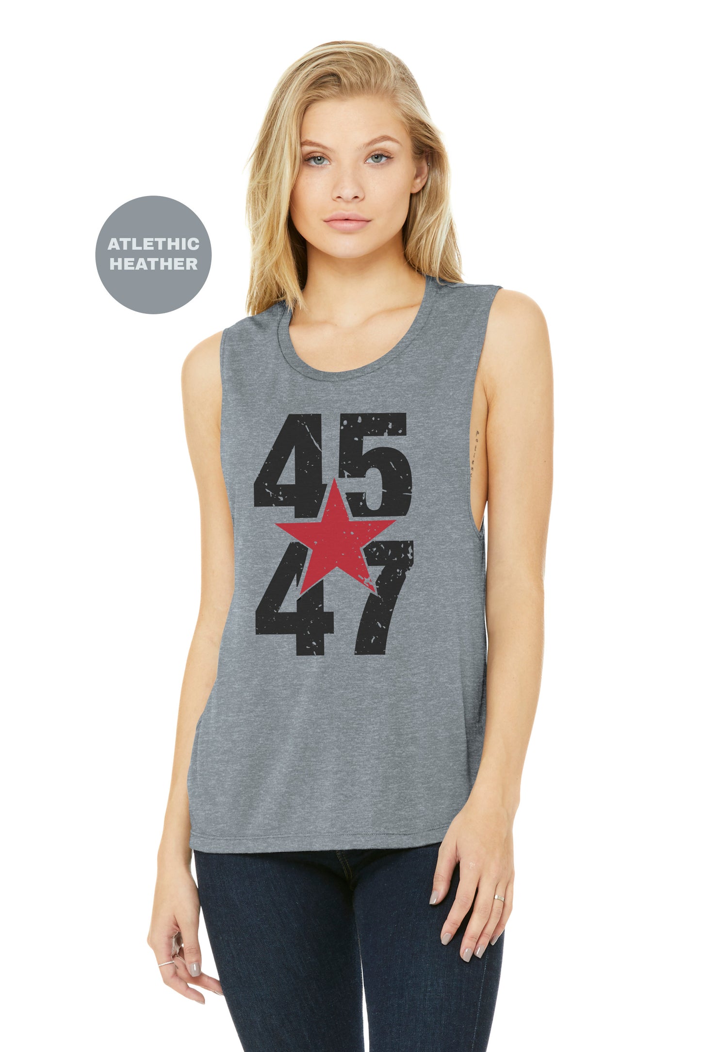 a woman wearing a tank top with the number 47 on it