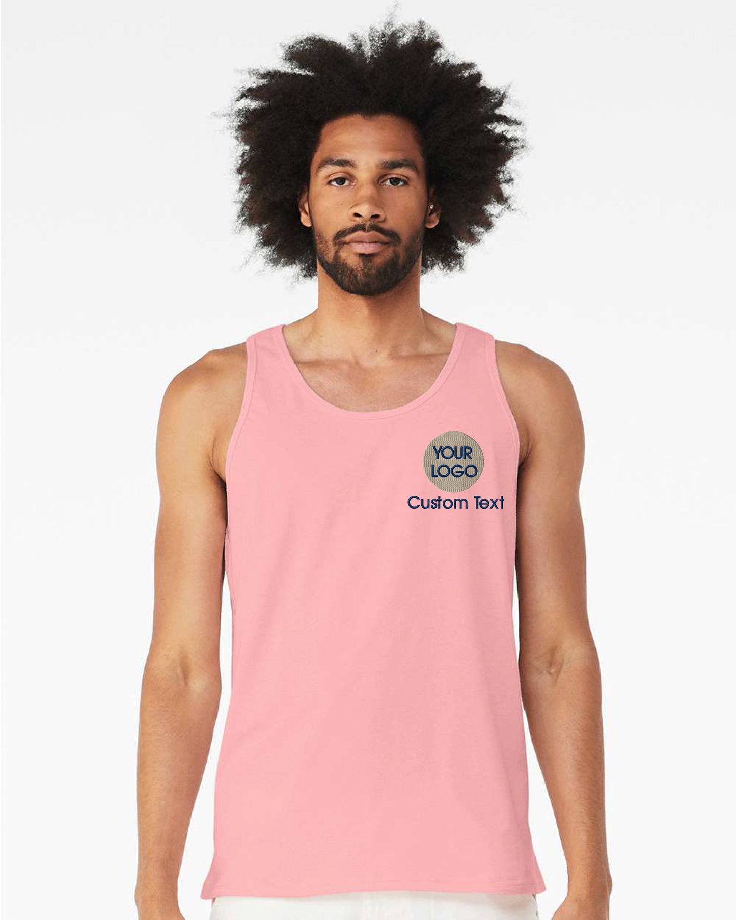 a man wearing a pink tank top with the words your logo on it