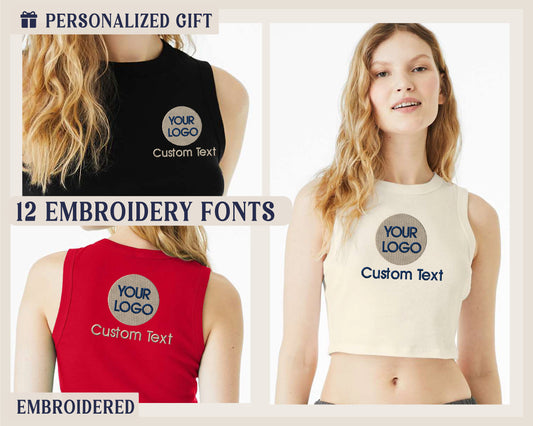 a woman wearing a crop top with custom text