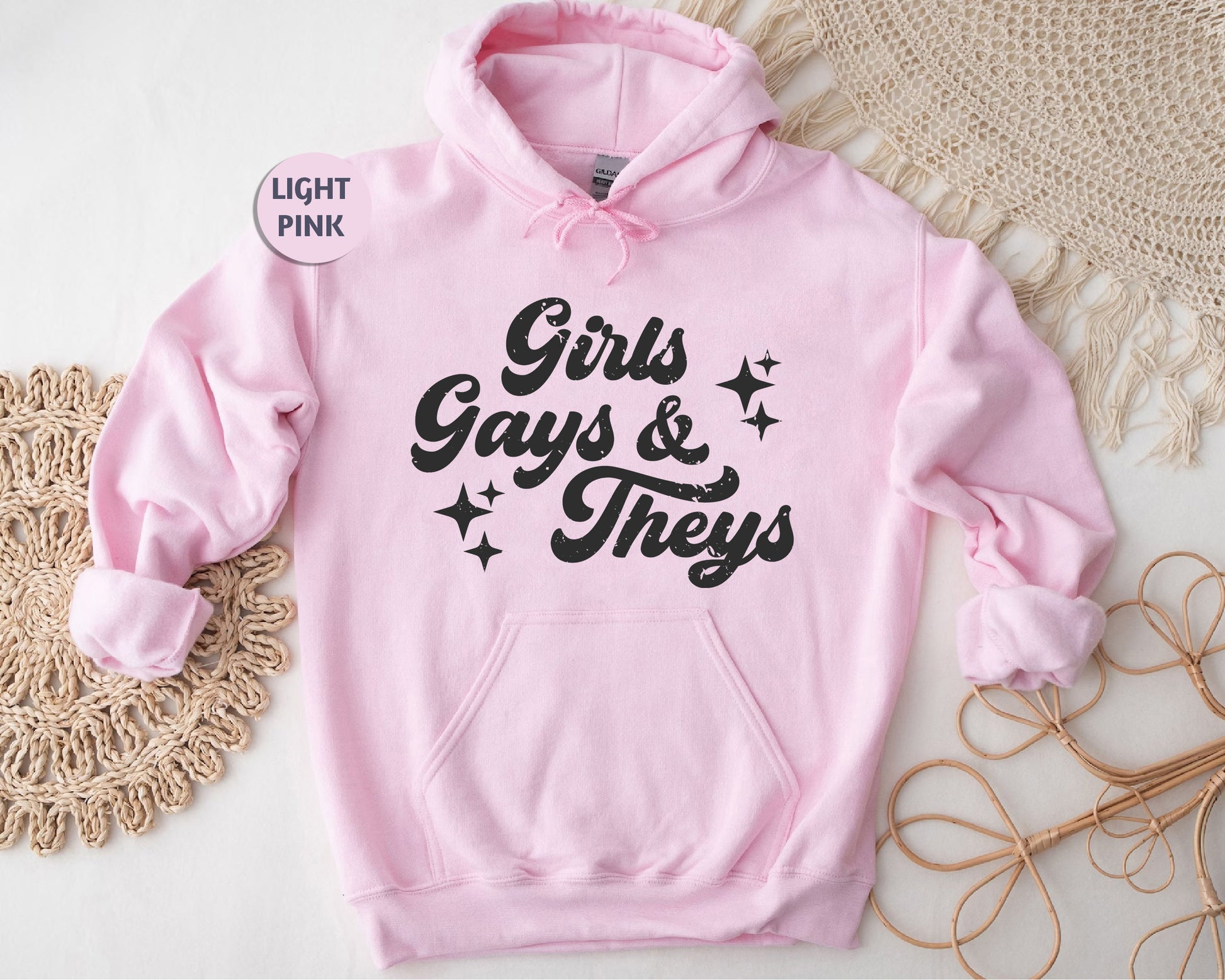 a pink hoodie with the words girls, guys and they printed on it