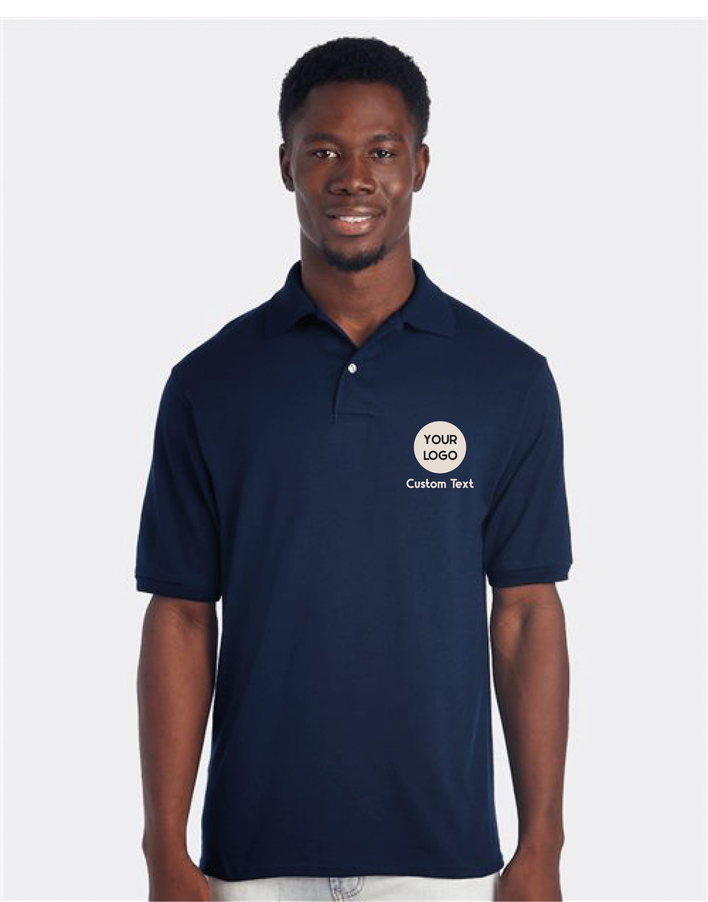 a man wearing a polo shirt and white pants