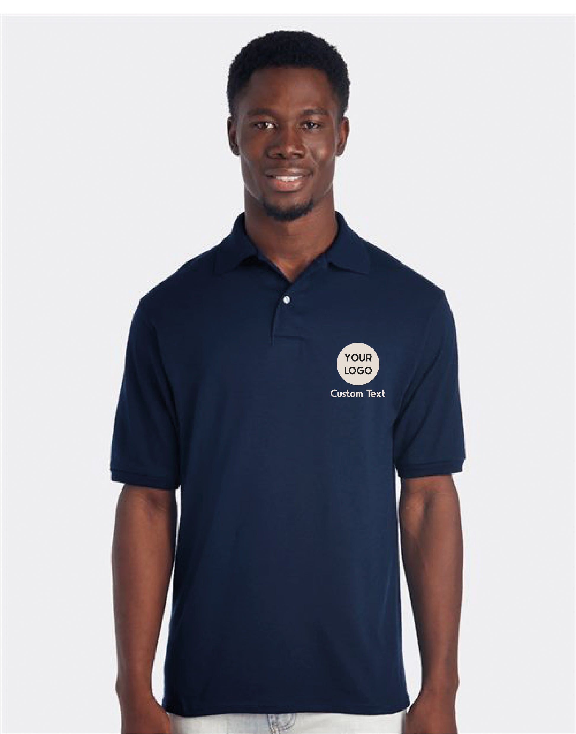 a man wearing a polo shirt and white pants