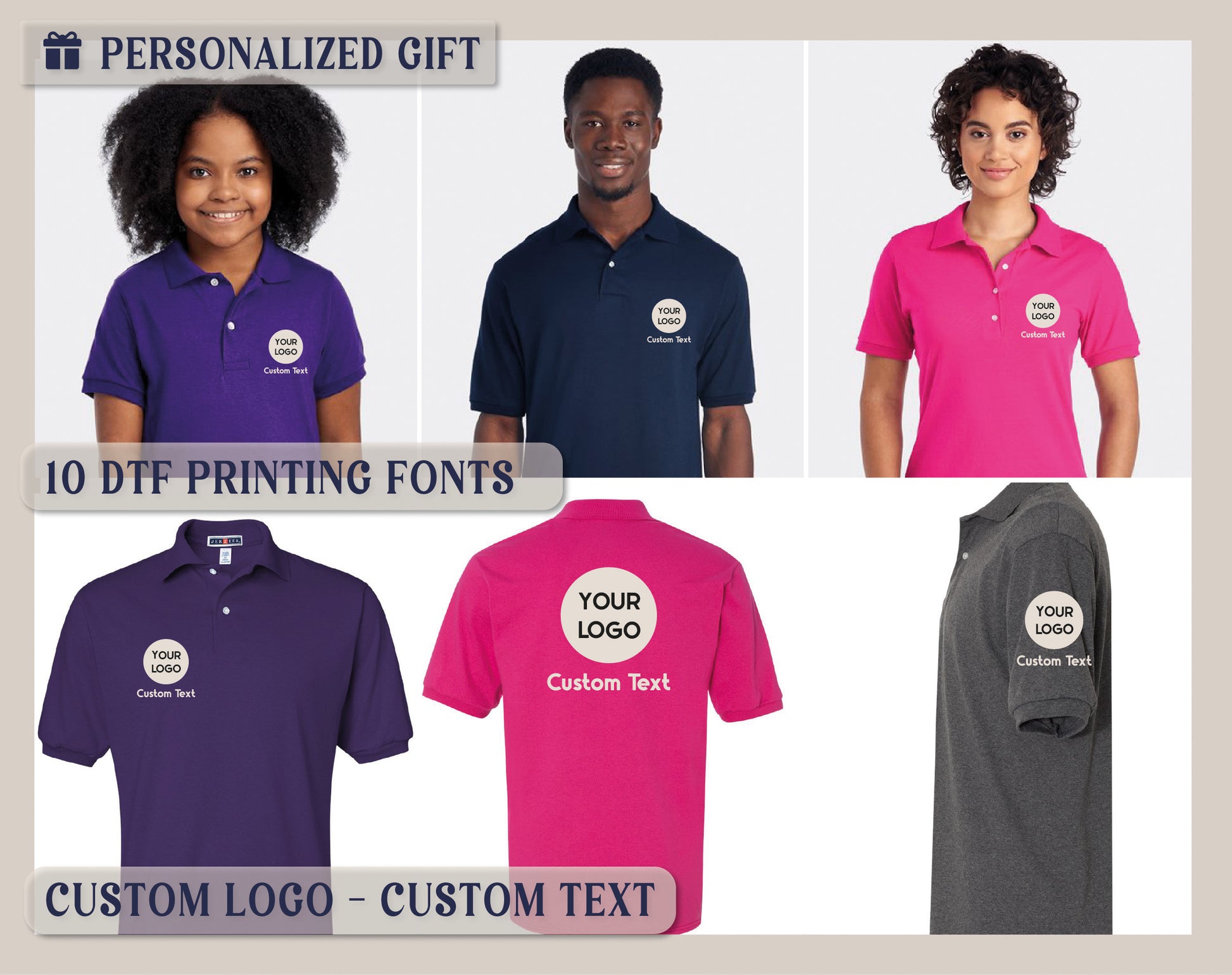 a group of four polo shirts with different logos