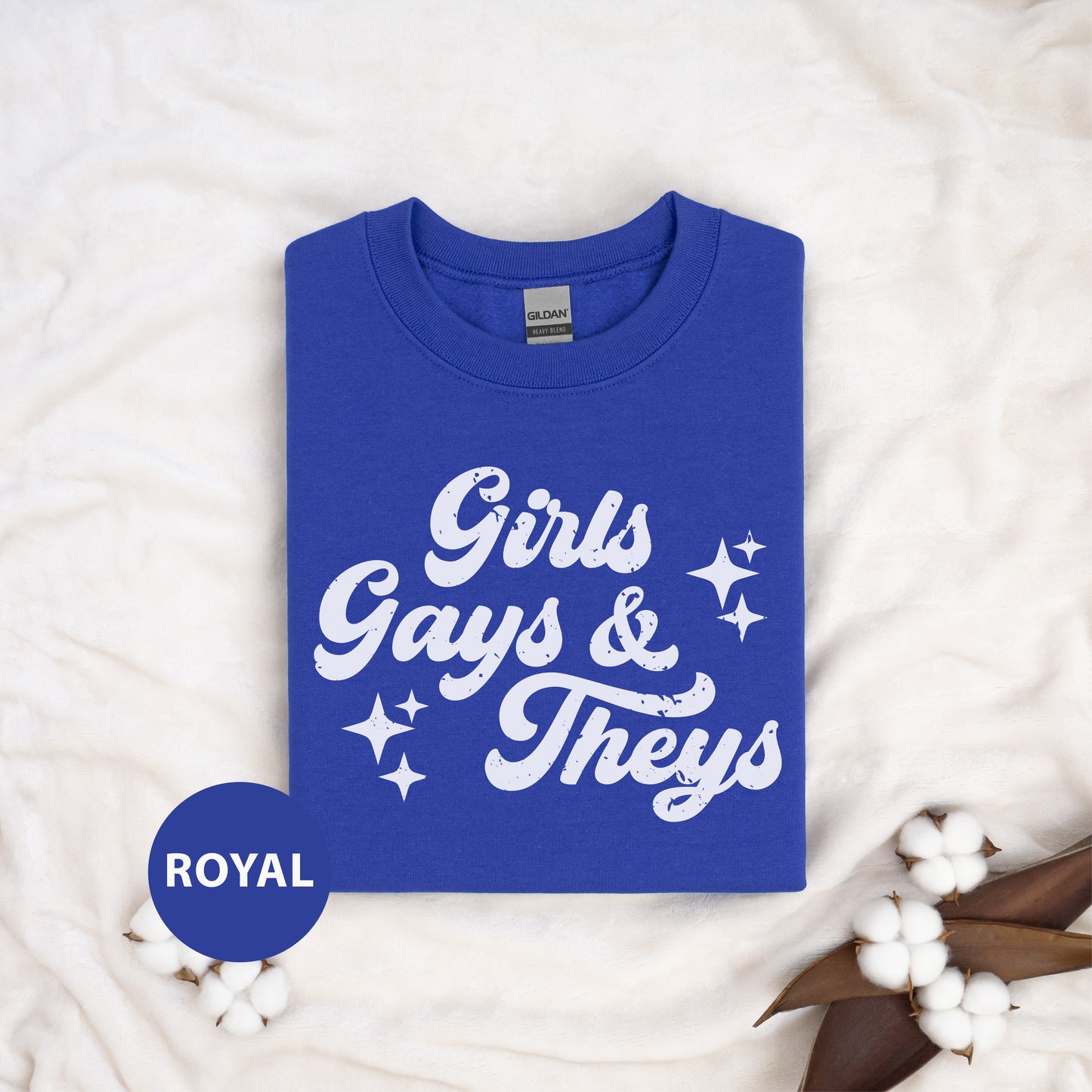 a blue shirt that says girls, gays and they's next to a