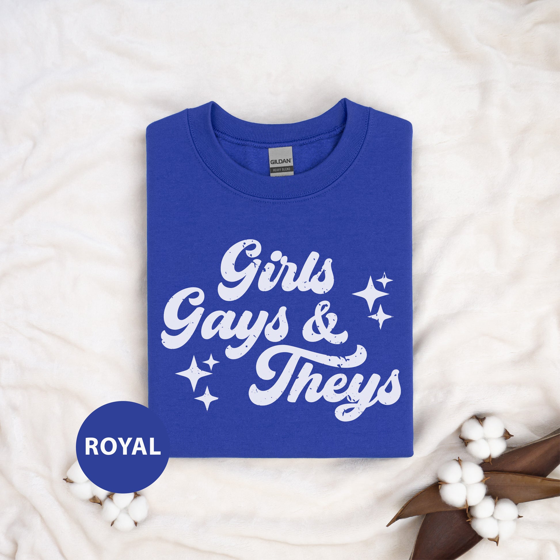 a blue shirt that says girls, gays and they's next to a