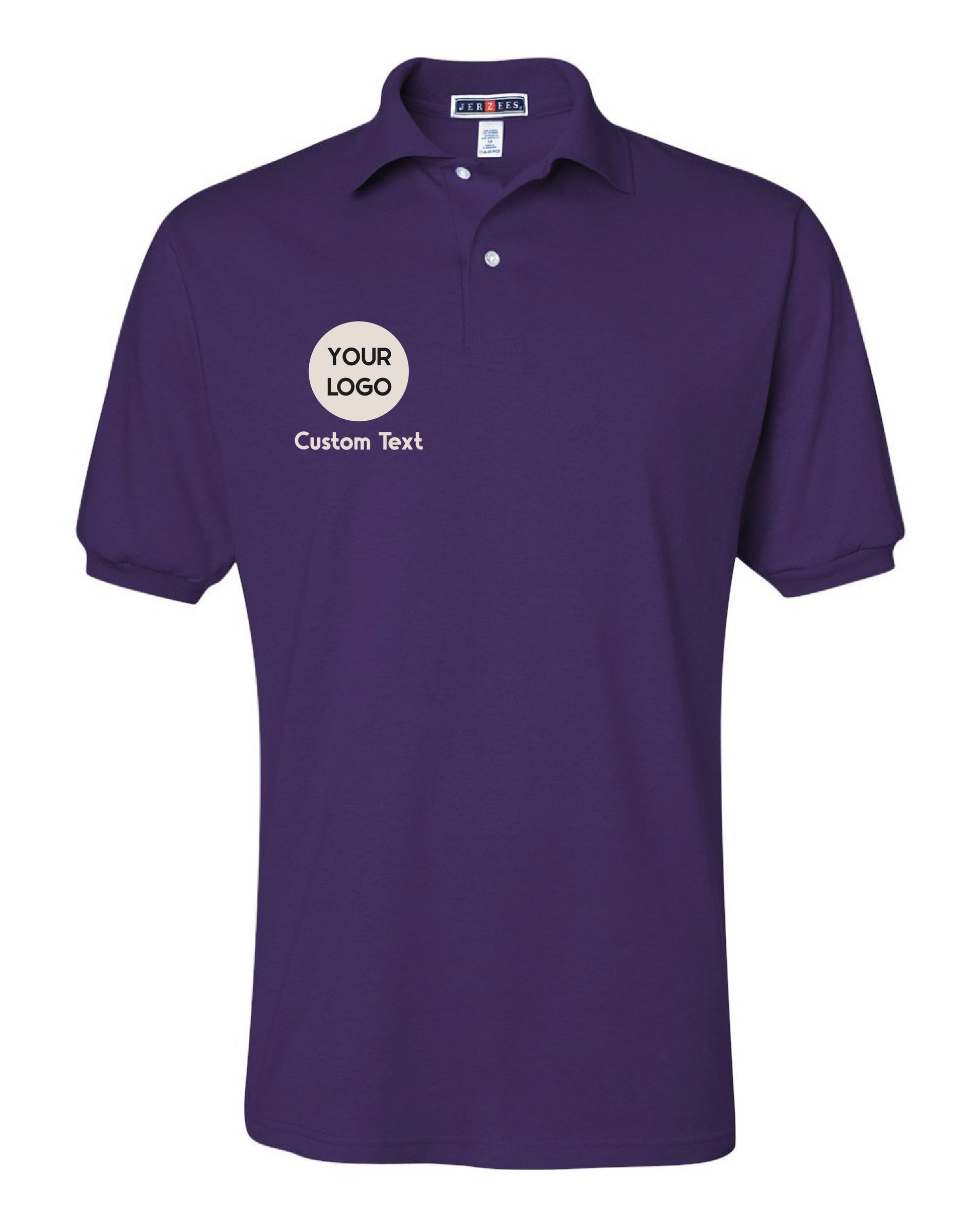 a purple polo shirt with the words your logo on it