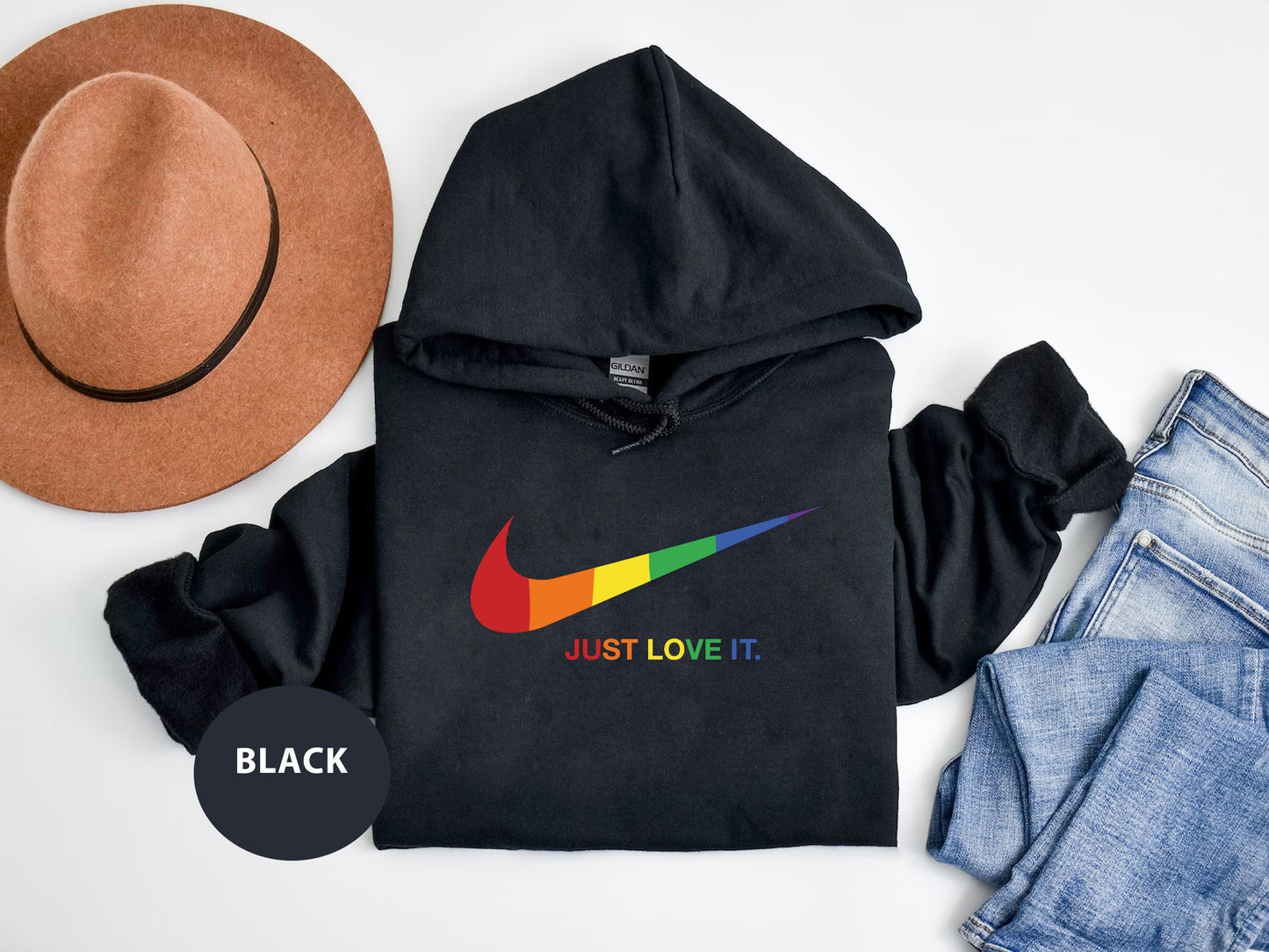 a black hoodie with a rainbow nike logo on it
