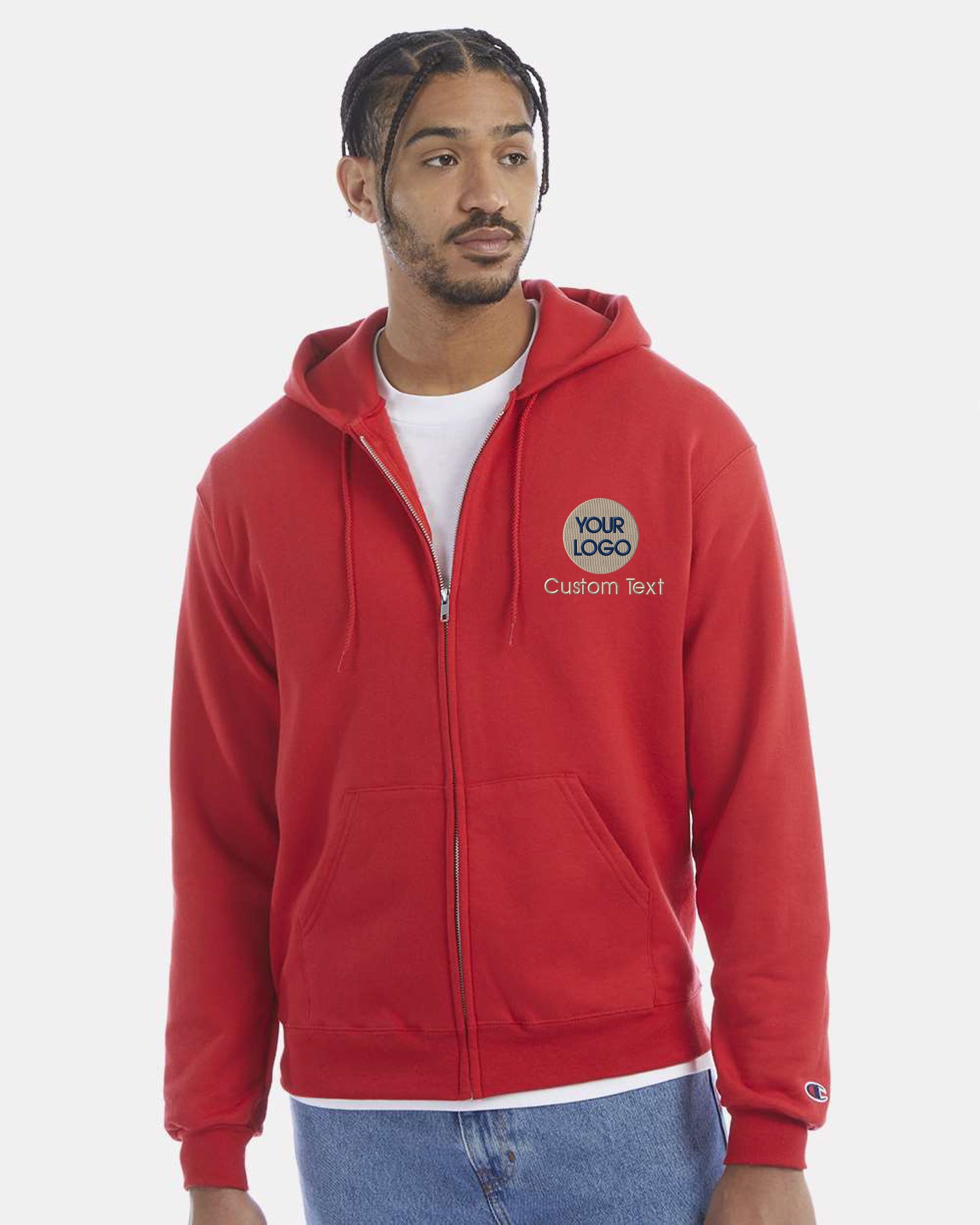 a man wearing a red zip up hoodie