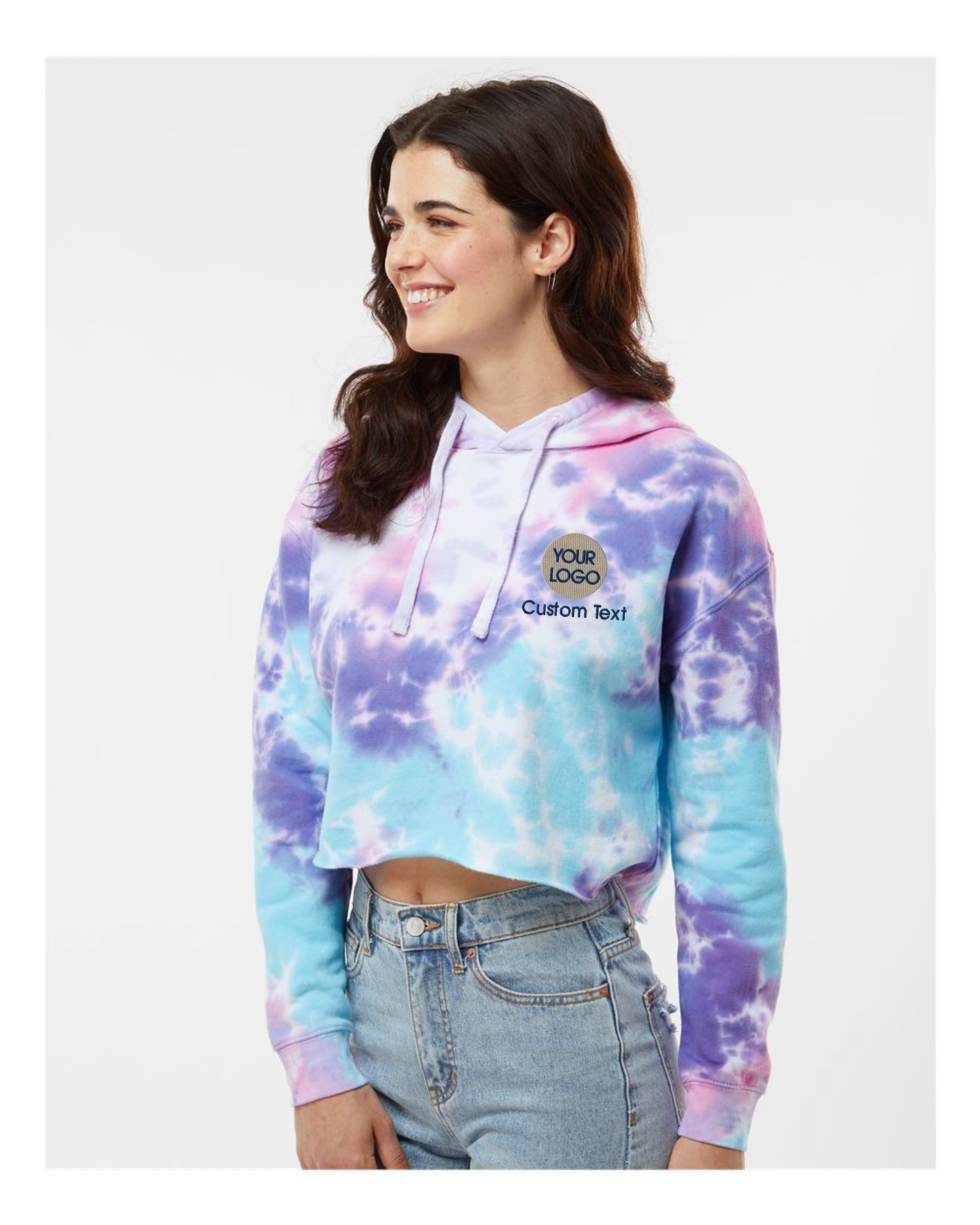 a woman wearing a blue and purple tie dye hoodie