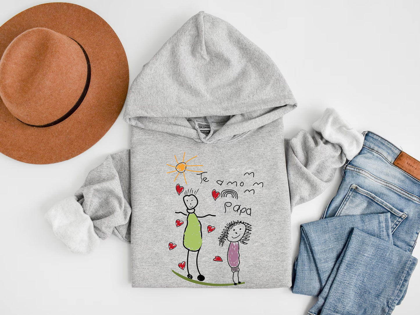 a child's hoodie, jeans, hat, and a pair of shoes
