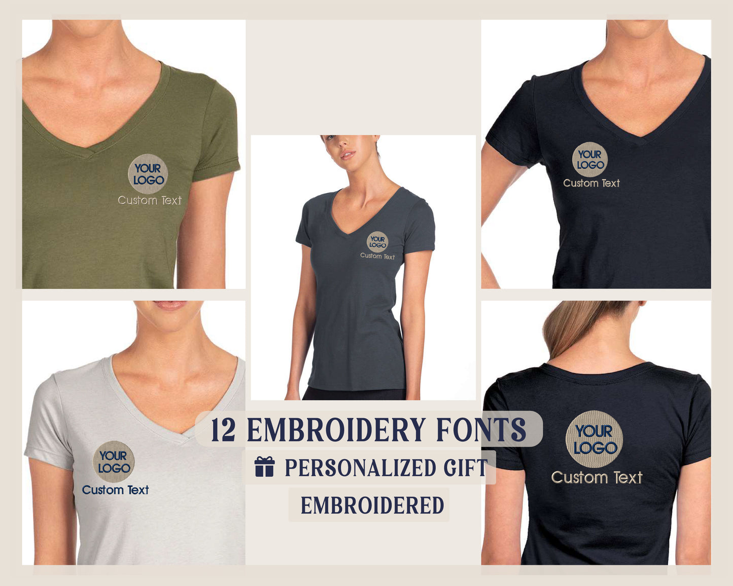 a woman's v - neck t - shirt with the words embroidery font on