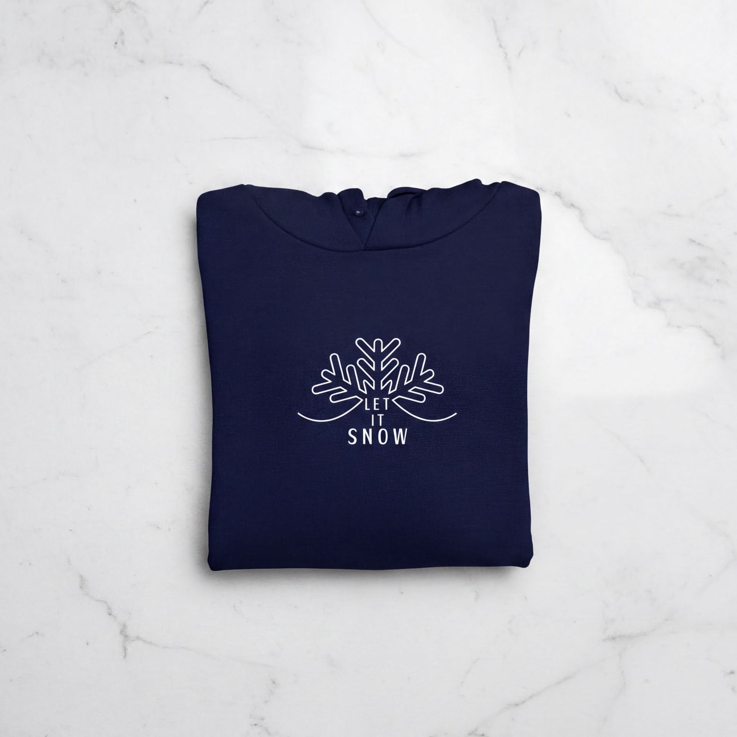 A navy blue hoodie with a white snowflake design and the text "LET IT SNOW" printed on it.
