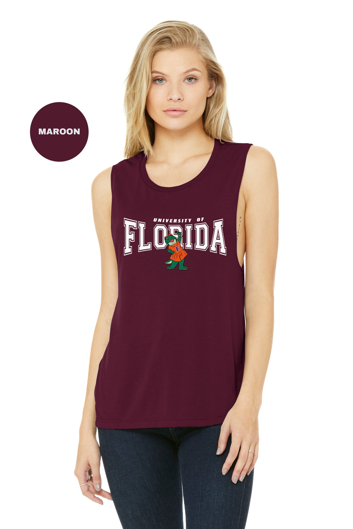 a woman wearing a maroon tank top with the word florida on it