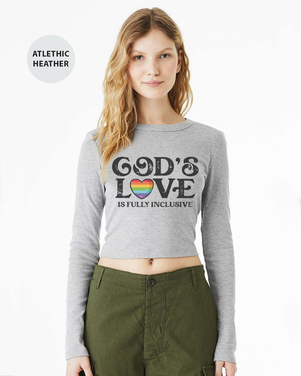a woman wearing a crop top that says god's love