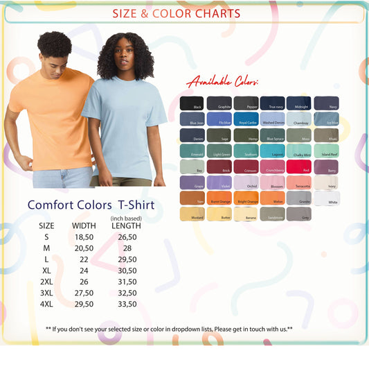 The image is a size and color chart for a T-shirt, featuring a man and a woman standing next to a color swatch of various T-shirt colors.