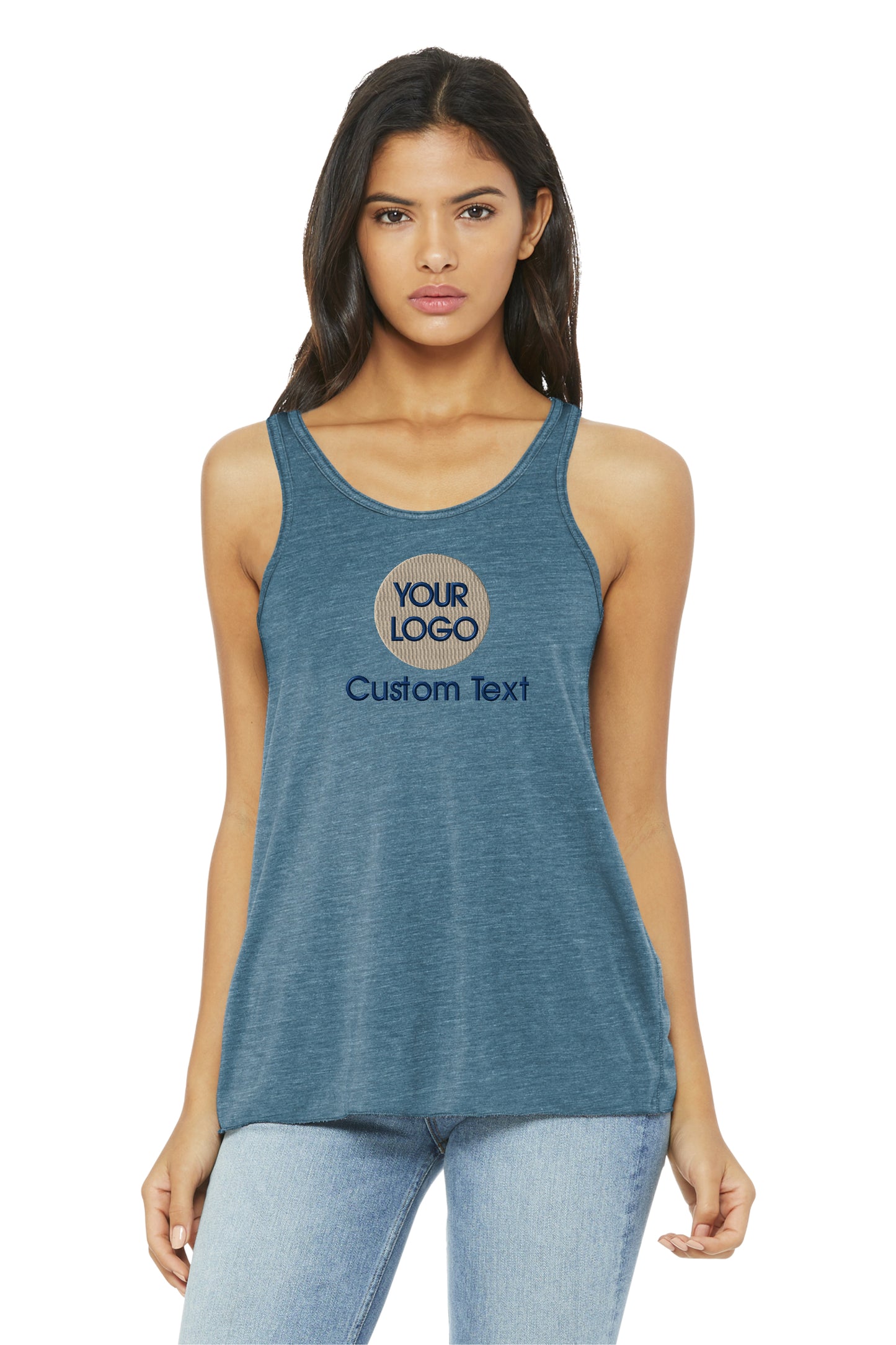 a woman wearing a tank top that says your logo