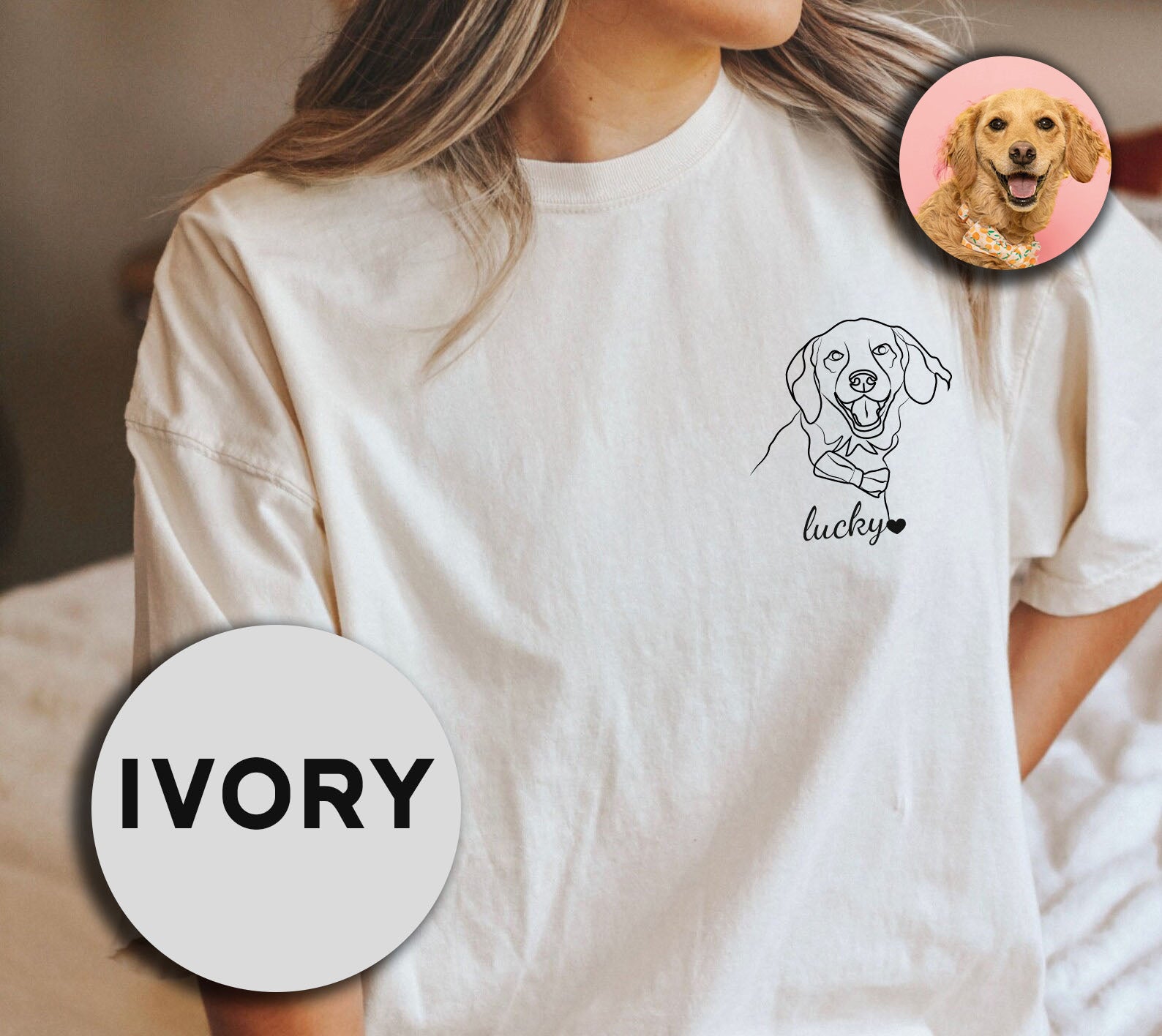 a woman wearing a white shirt with a dog on it