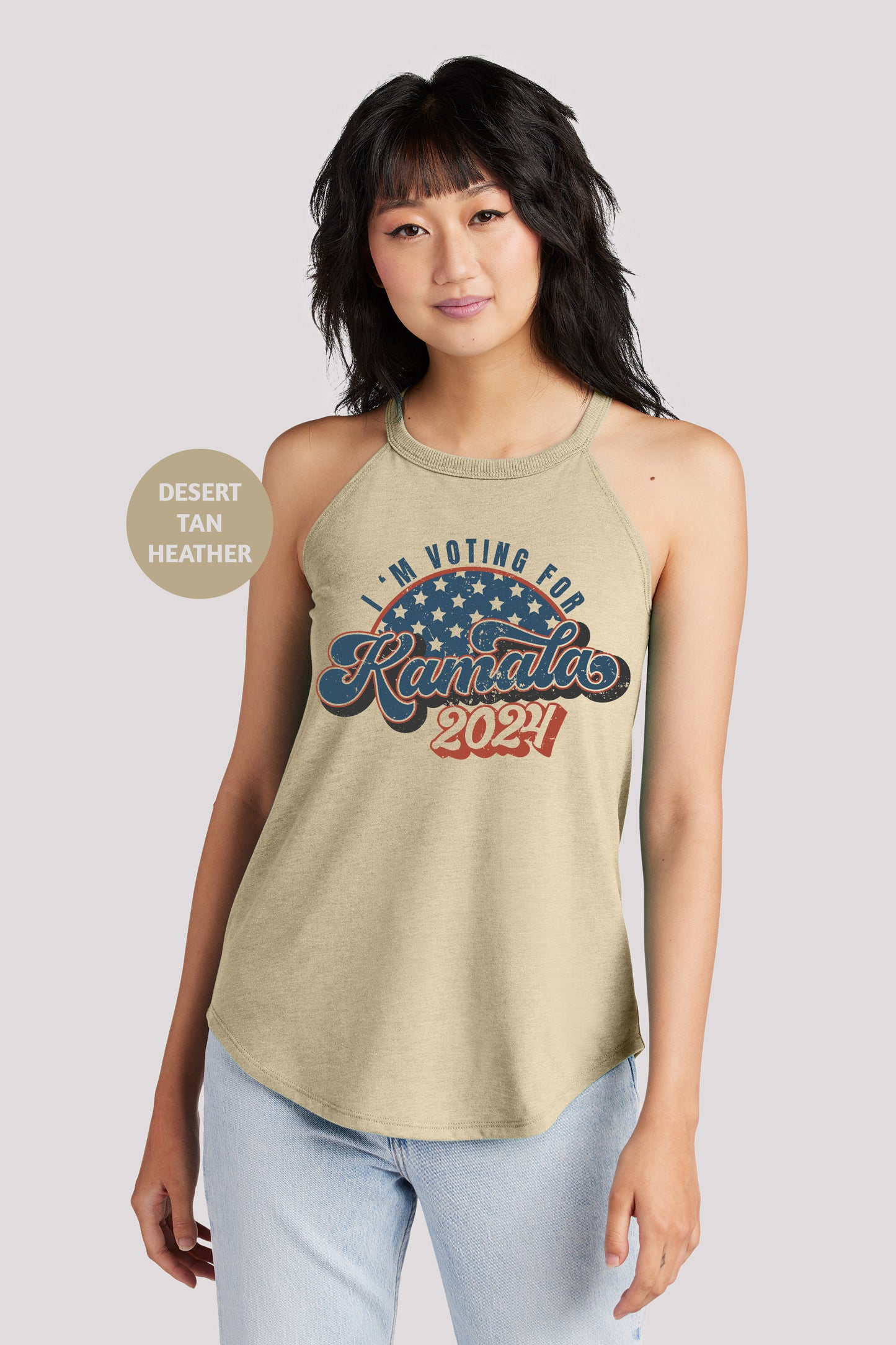 a woman wearing a tank top with the american flag on it