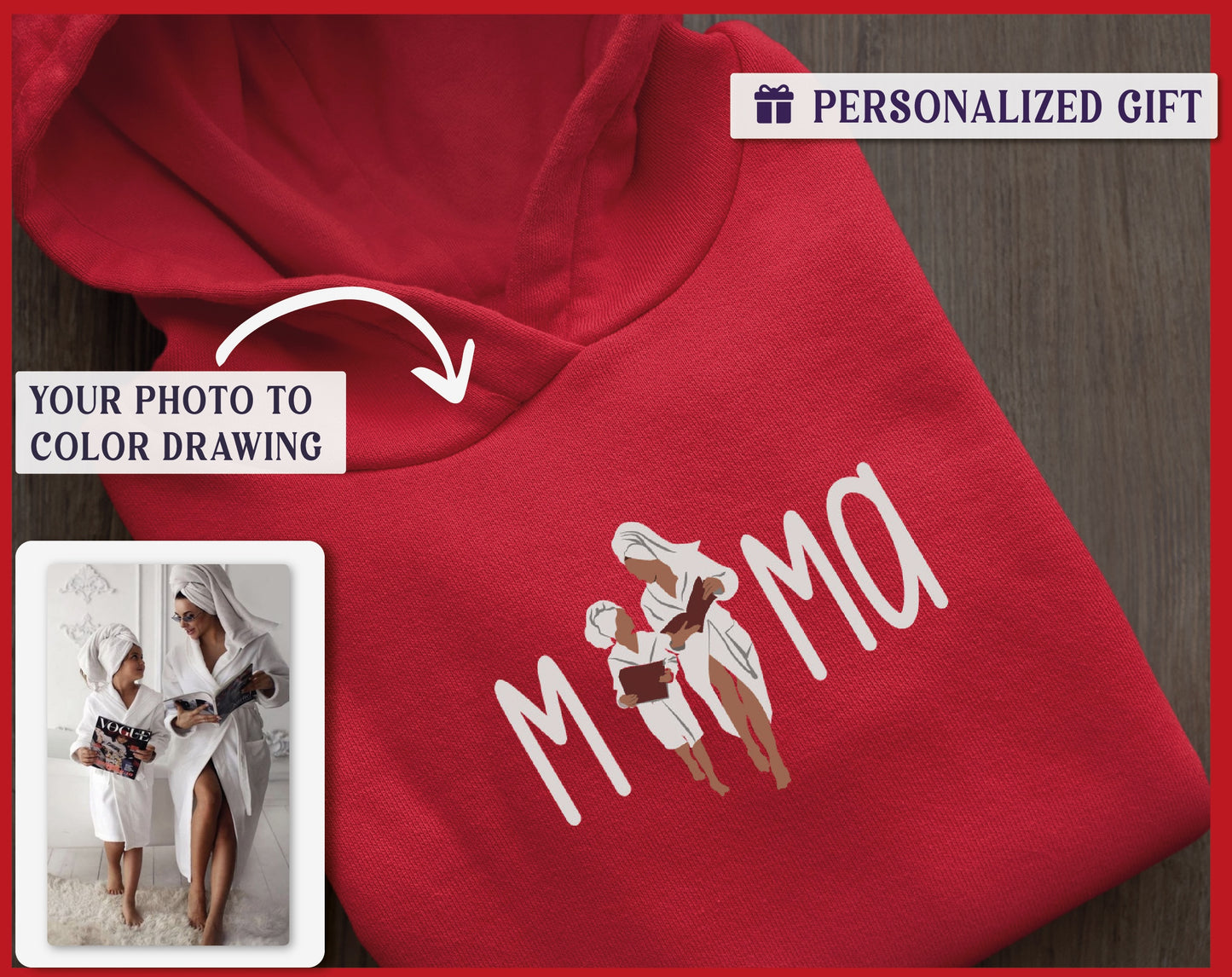 a red hoodie with a picture of two women on it