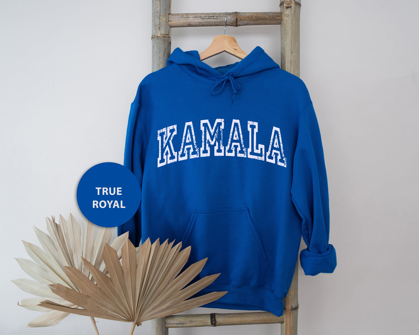 a blue hoodie hanging on a wall next to a palm tree