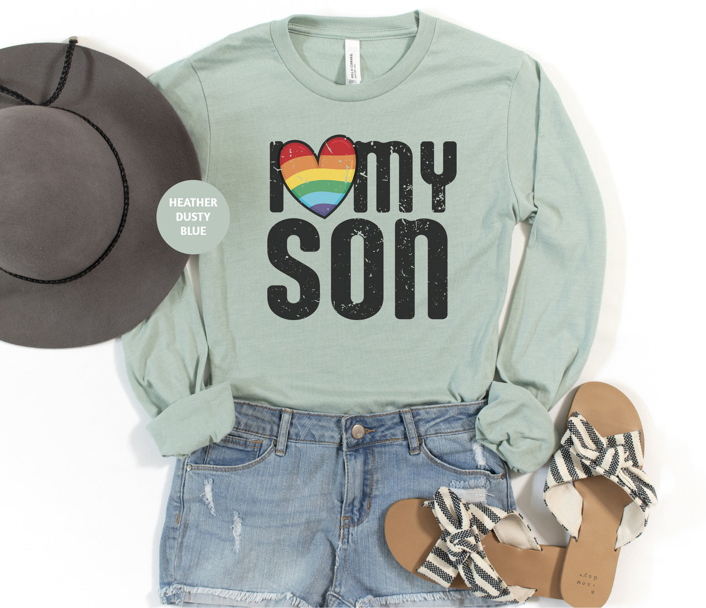 a shirt that says i love my son with a hat and sandals