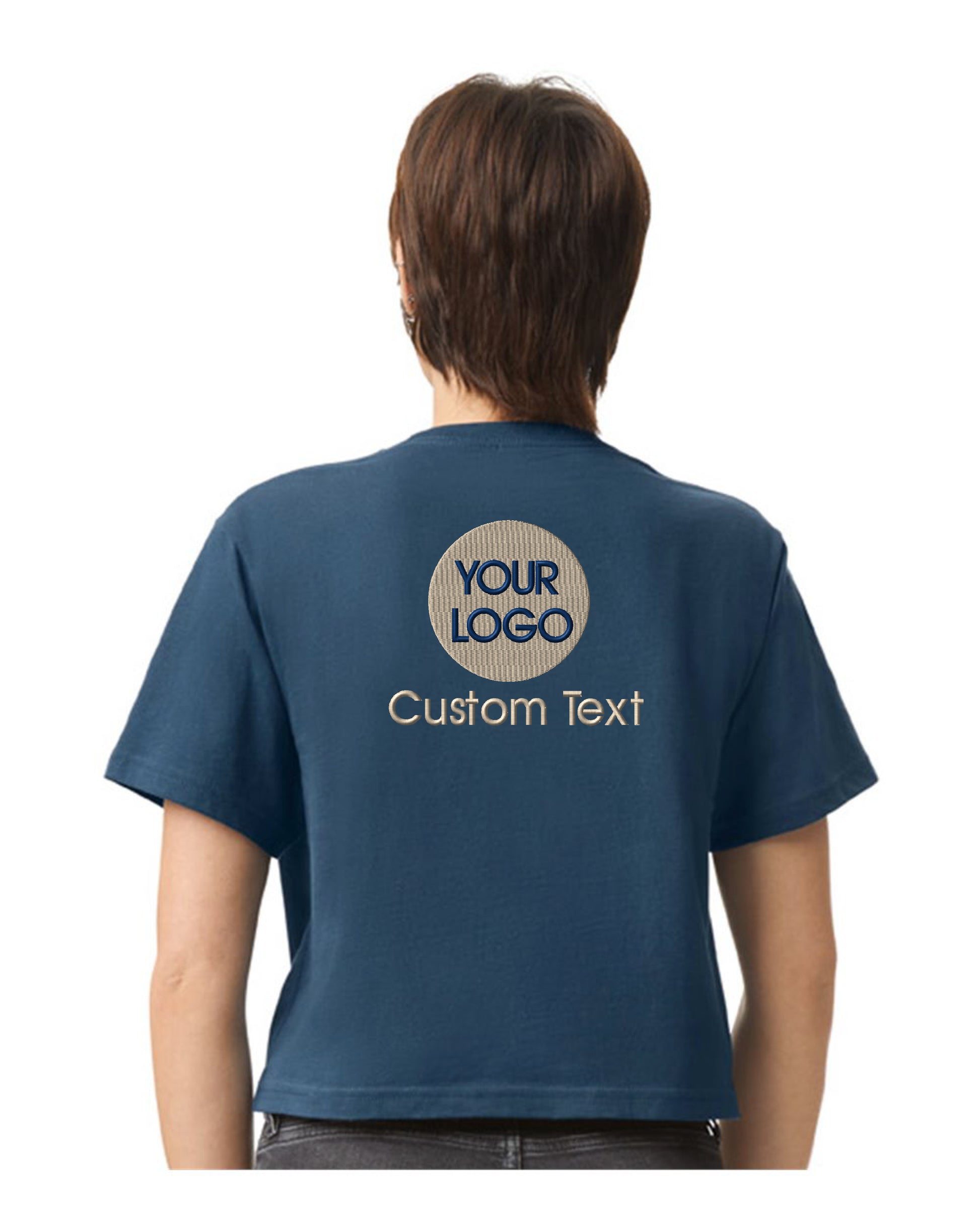 a person wearing a blue t - shirt with a logo on it