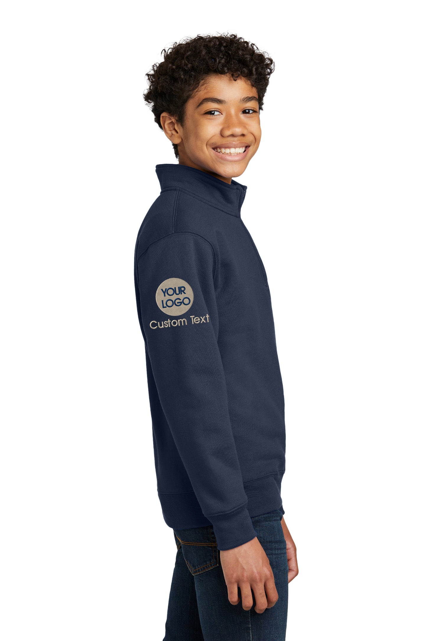 a young boy wearing a blue sweatshirt with the logo of a company on it