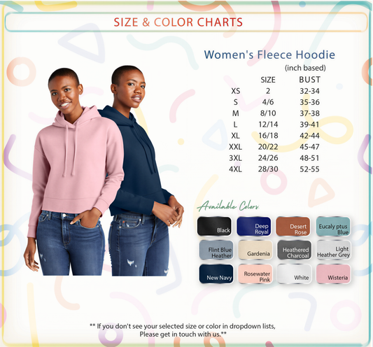 two women wearing women's fleece hoodies, with a size and color chart displayed below them.