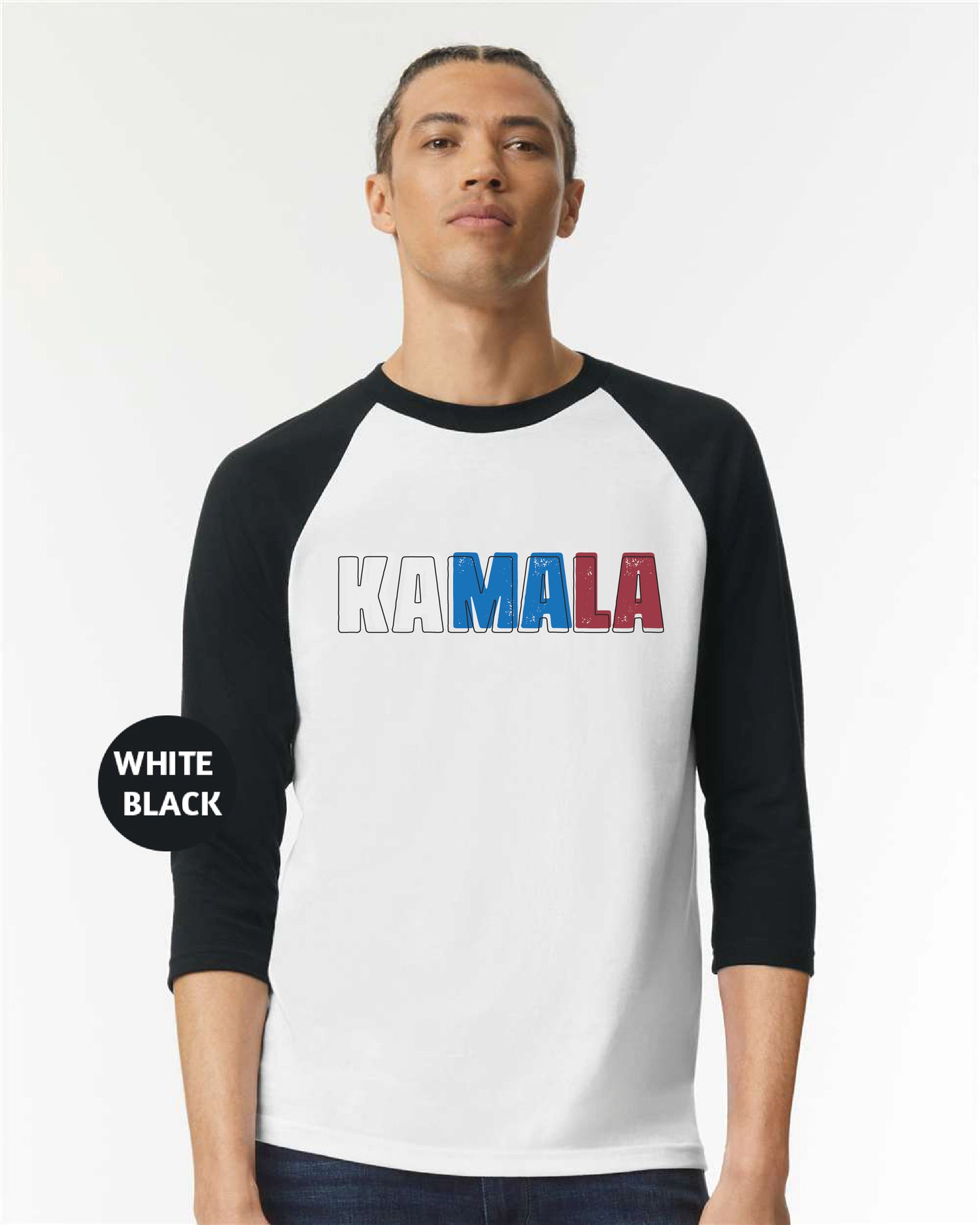 a man wearing a white and black shirt with the word kaamala printed on