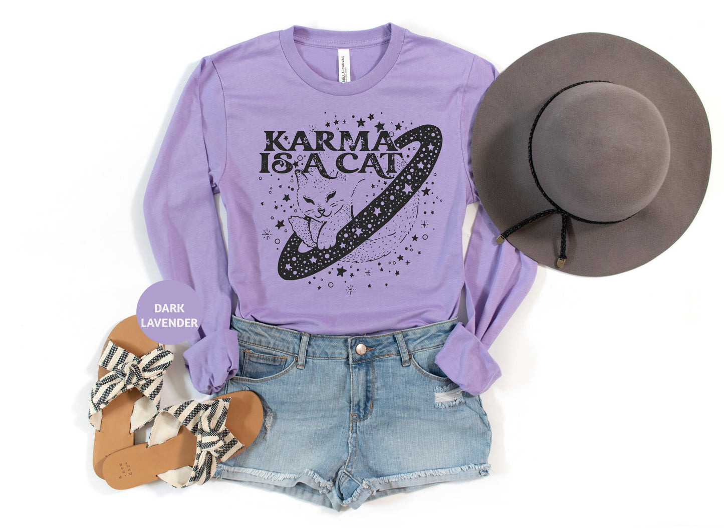 a purple shirt with a hat and a pair of shoes