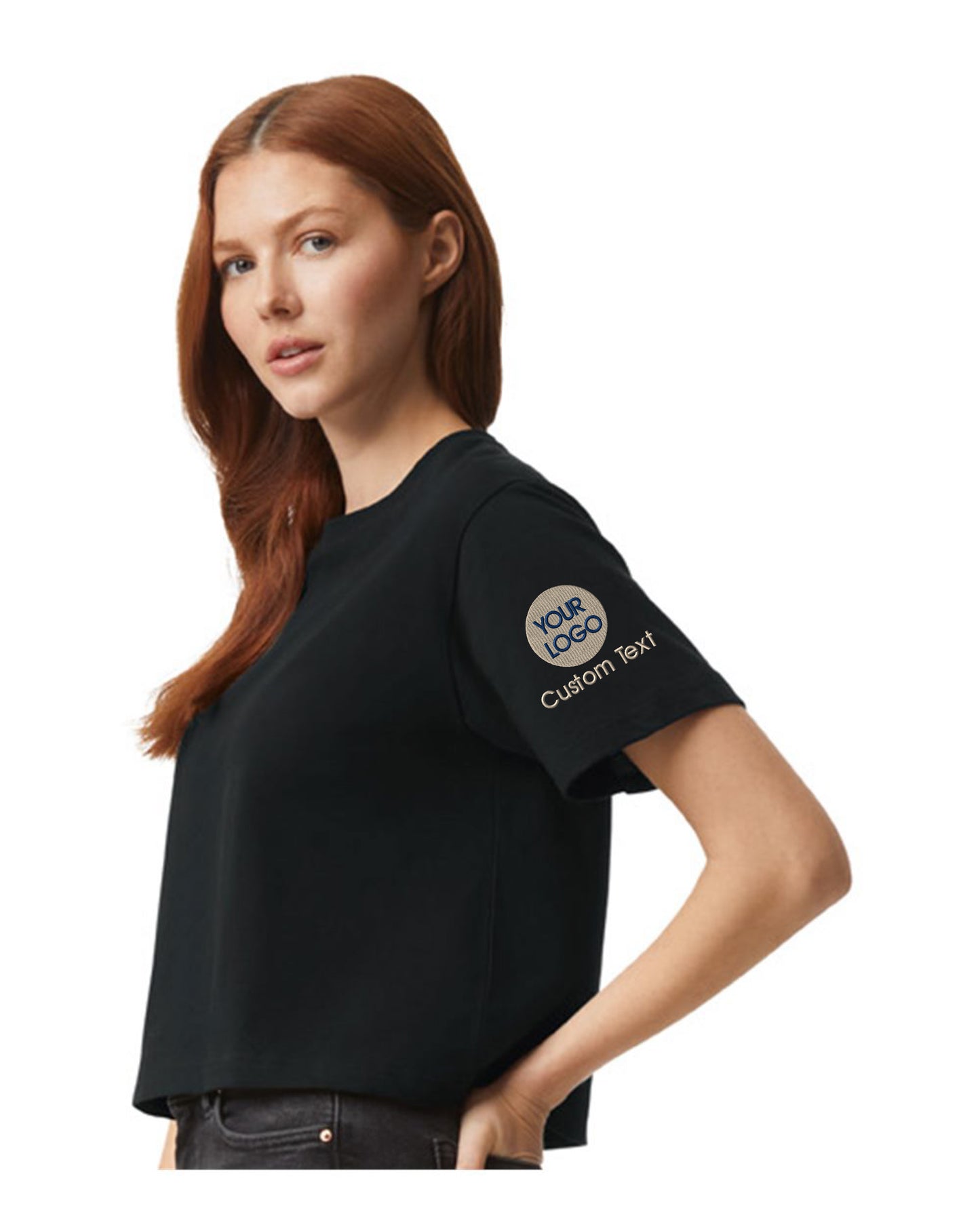 a woman wearing a black shirt and jeans