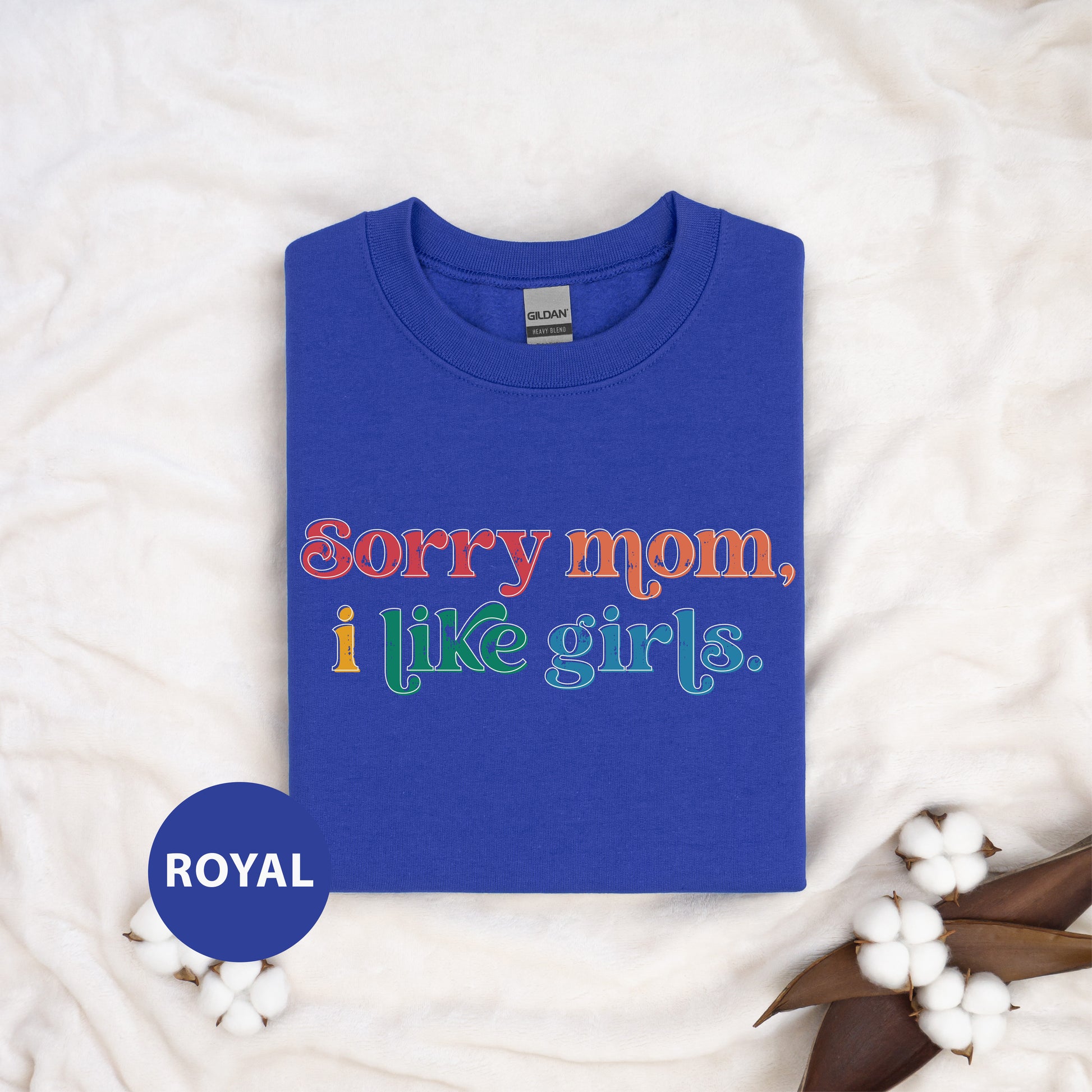 a blue shirt that says sorry mom, i like girls