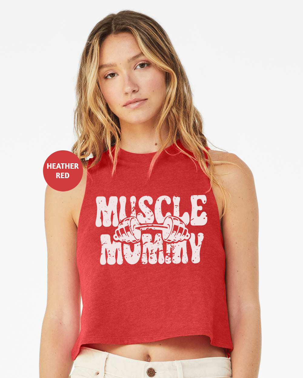 a woman wearing a red muscle muscle tank top