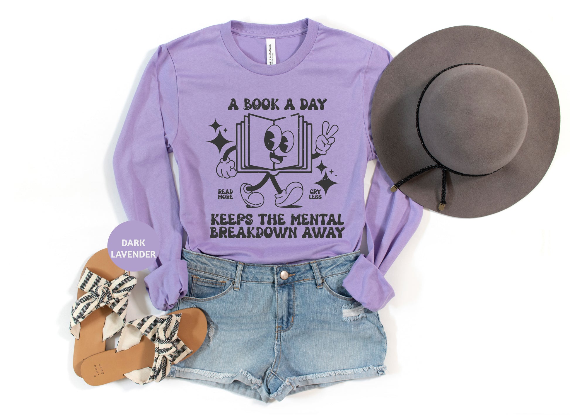 a purple shirt with a hat and a pair of shorts