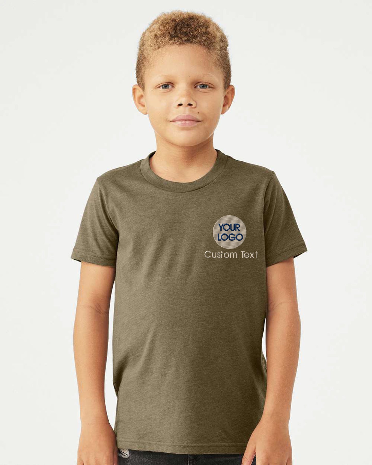 a young boy wearing a t - shirt that says your logo