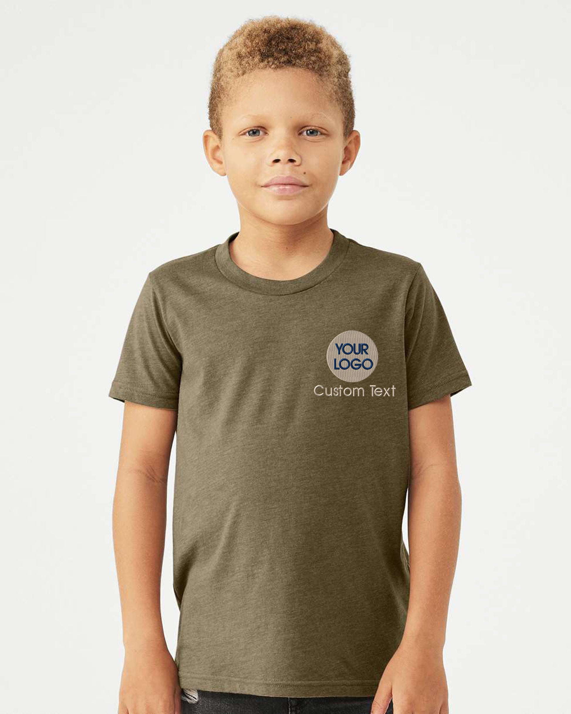a young boy wearing a t - shirt that says your logo