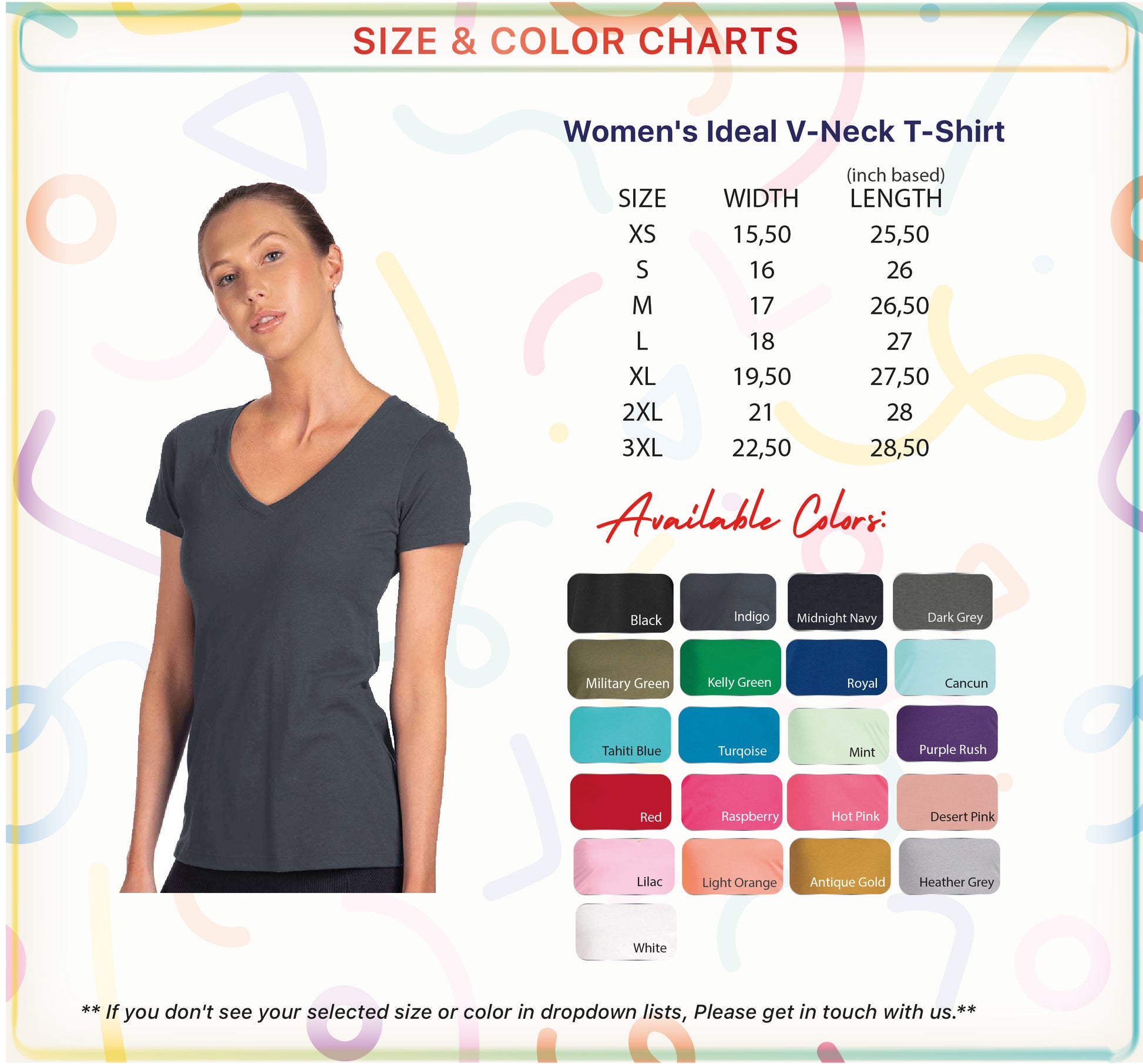 a women's v - neck t - shirt with the size and color chart