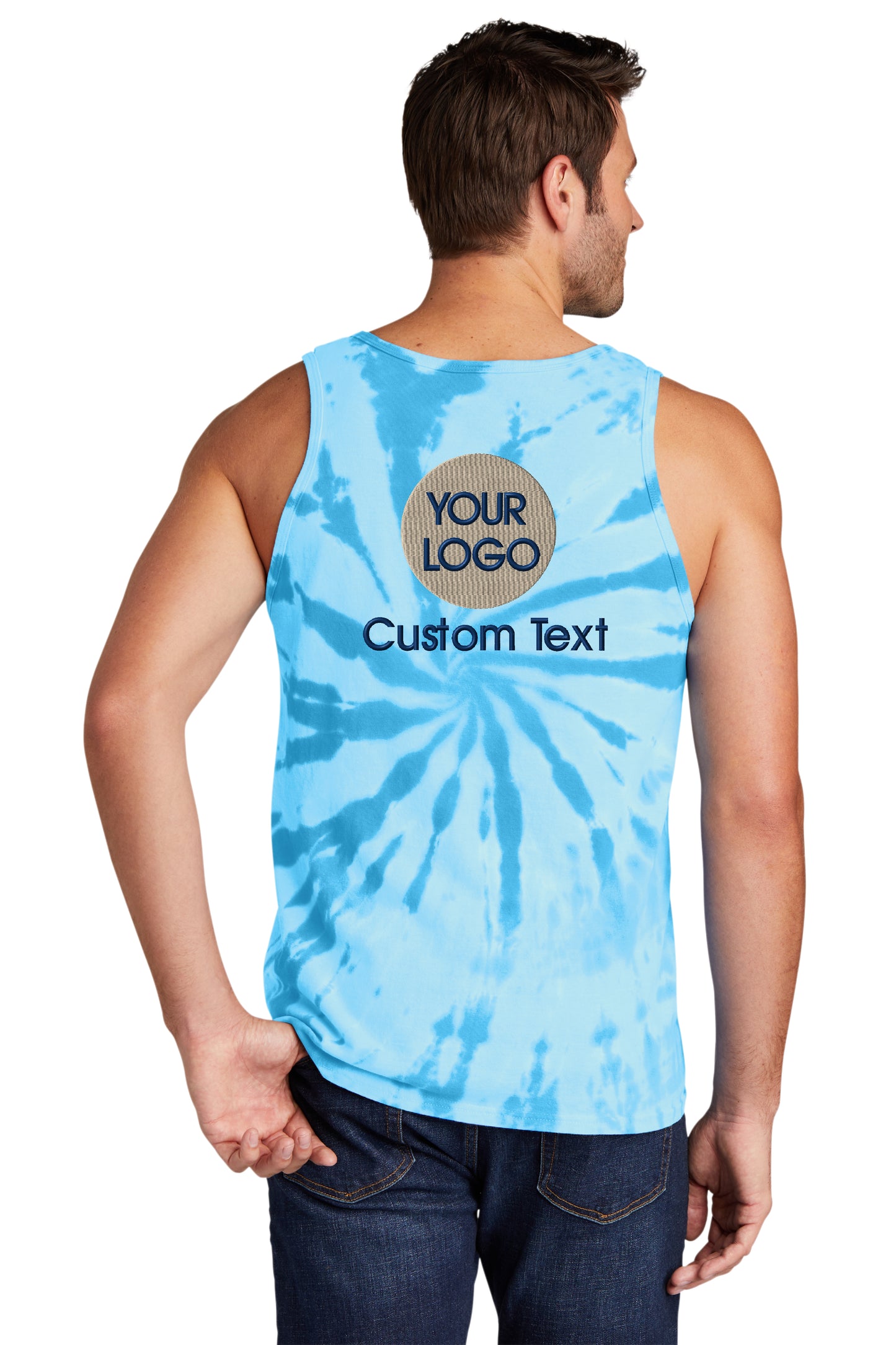 a man wearing a blue tie - dyed tank top