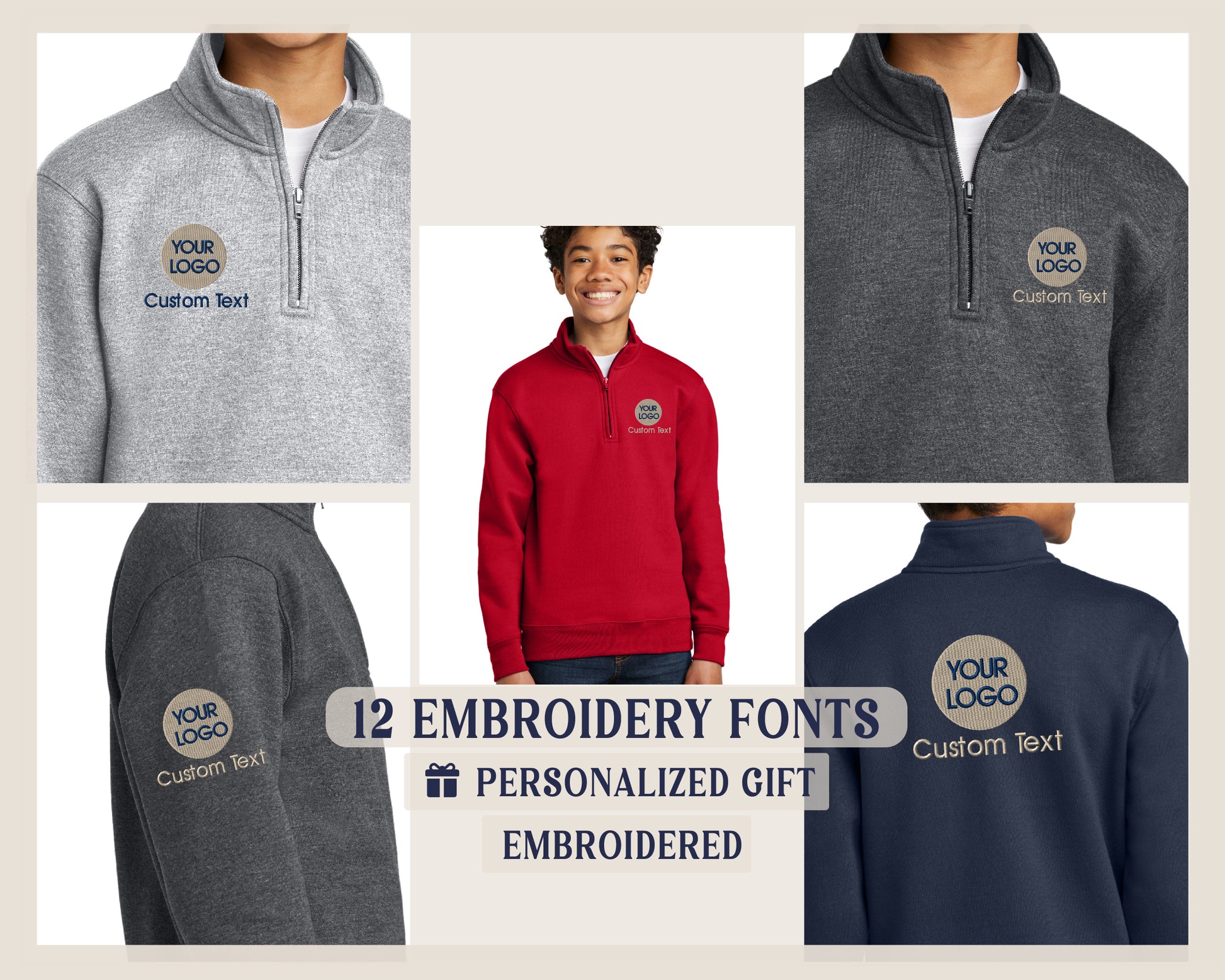 a group of men's and women's personalized sweaters