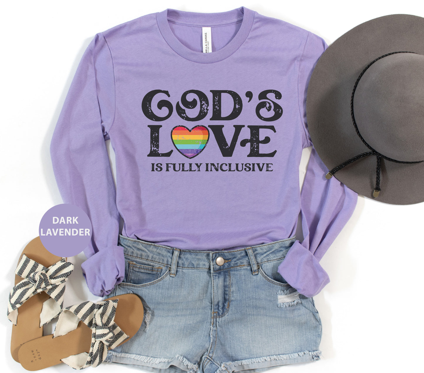 a purple shirt that says god's love is fully inclusive